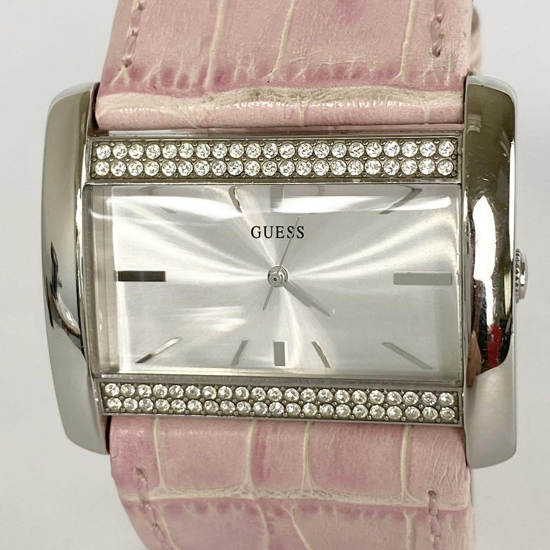 【美品】ゲス クォーツ シルバー 革ベルト ラインストーン スクエア