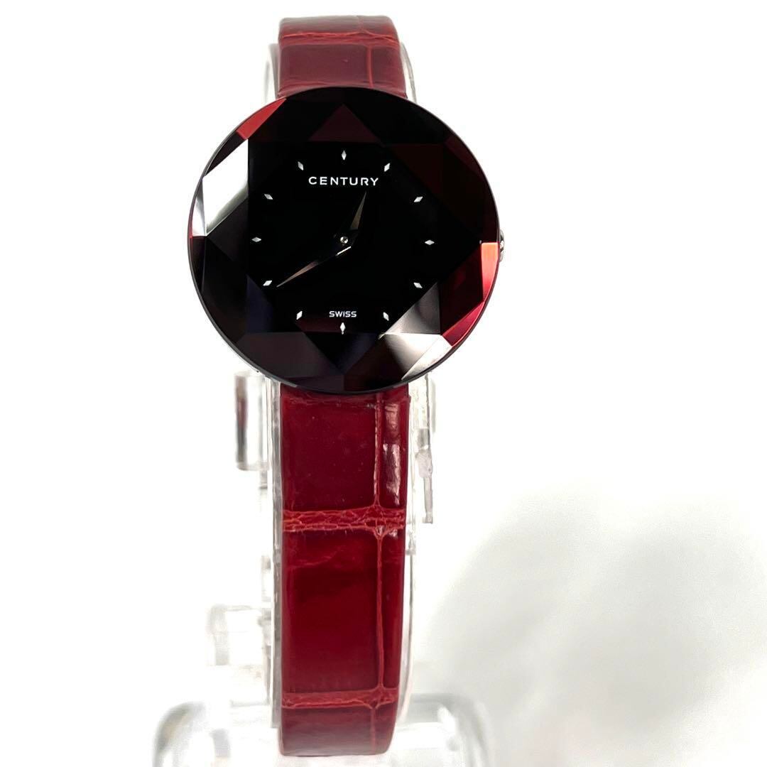 【美品】センチュリー タイムジェム クォーツ カットガラス ボルドー 革ベルト
