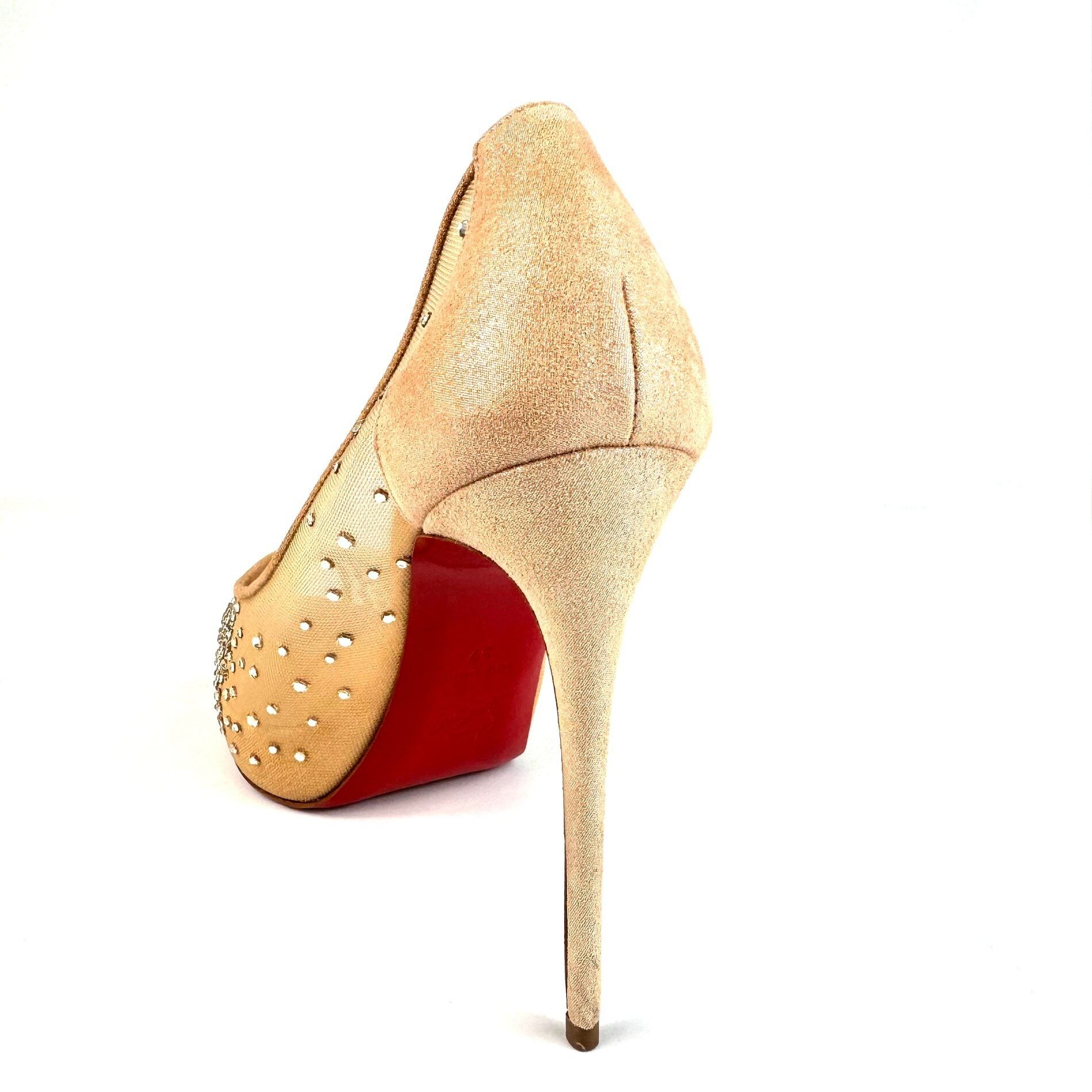 【未使用】クリスチャンルブタン パンプス メッシュ×スエード オープントゥ ベージュ 23.5cm