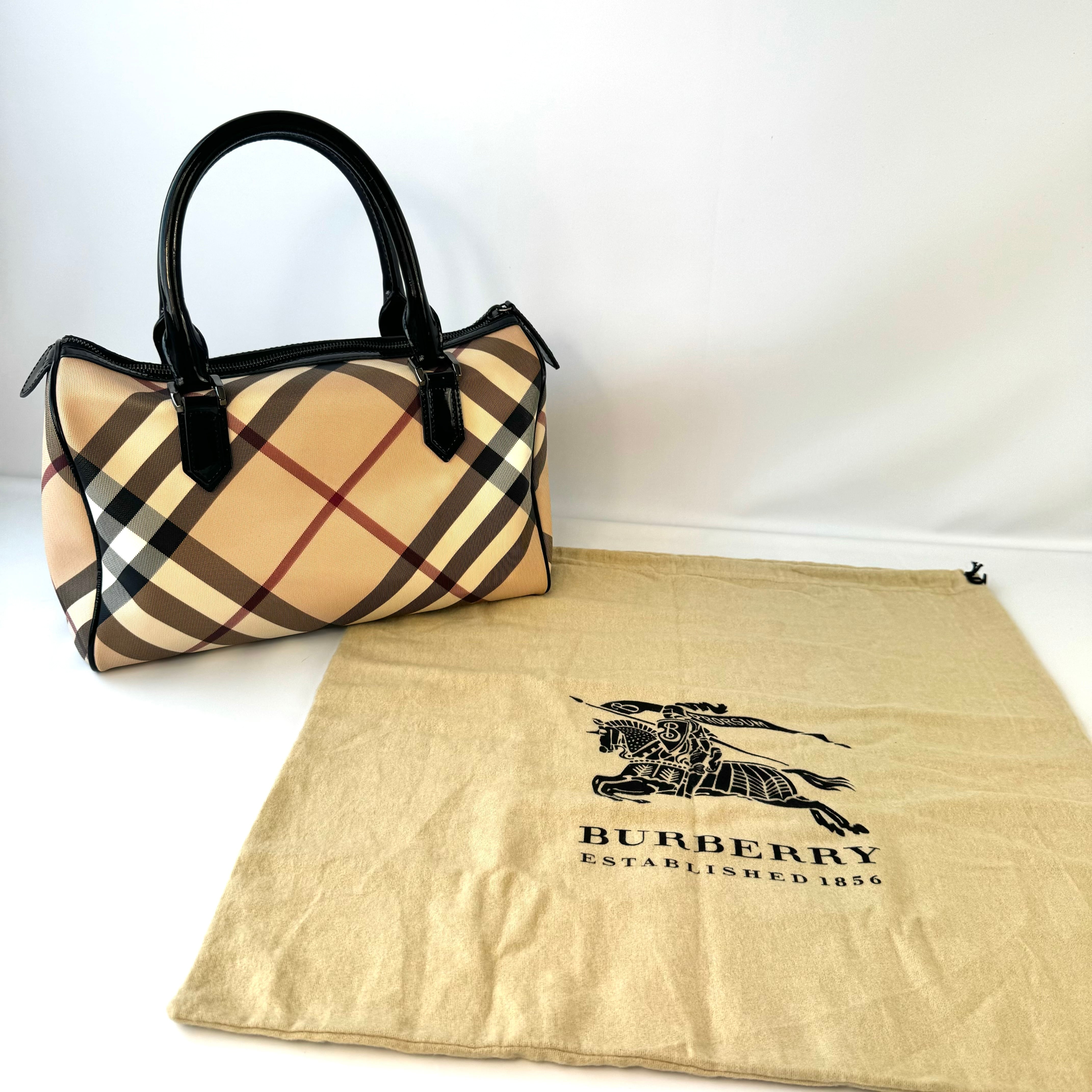 バーバリー ミニボストンバッグ ノバチェック メガチェック PVC×レザー ベージュ系