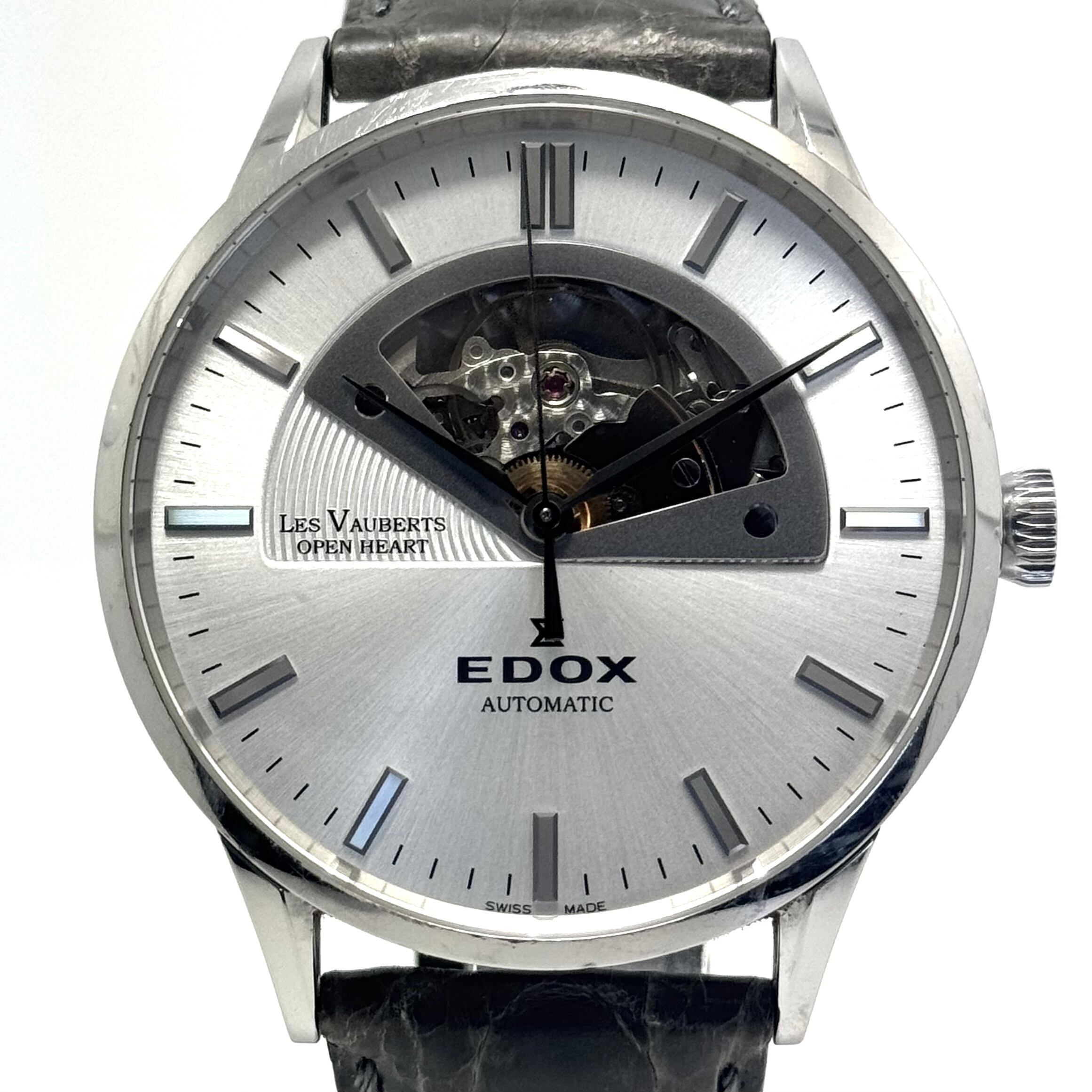 【希少】エドックス EDOX 85014-3-AIN レ・ヴォベール オープンハート 自動巻 シルバー 革ベルト