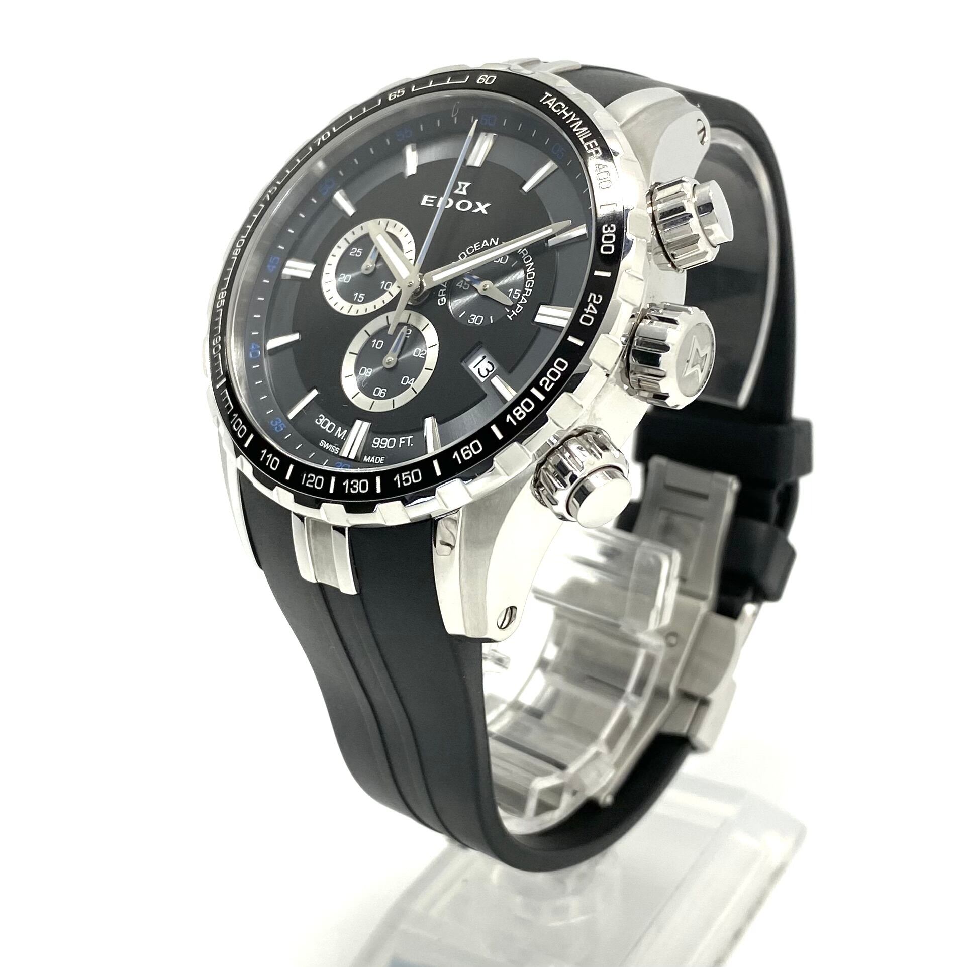 【美品】腕時計 メンズ エドックス グランドオーシャン クロノグラフ 10226-3CA-NBUN クォーツ クロノグラフ デイト表示 黒 樹脂ベルト 30気圧防水