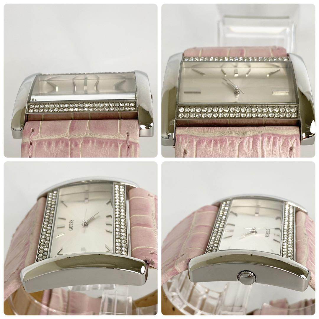 【美品】ゲス クォーツ シルバー 革ベルト ラインストーン スクエア