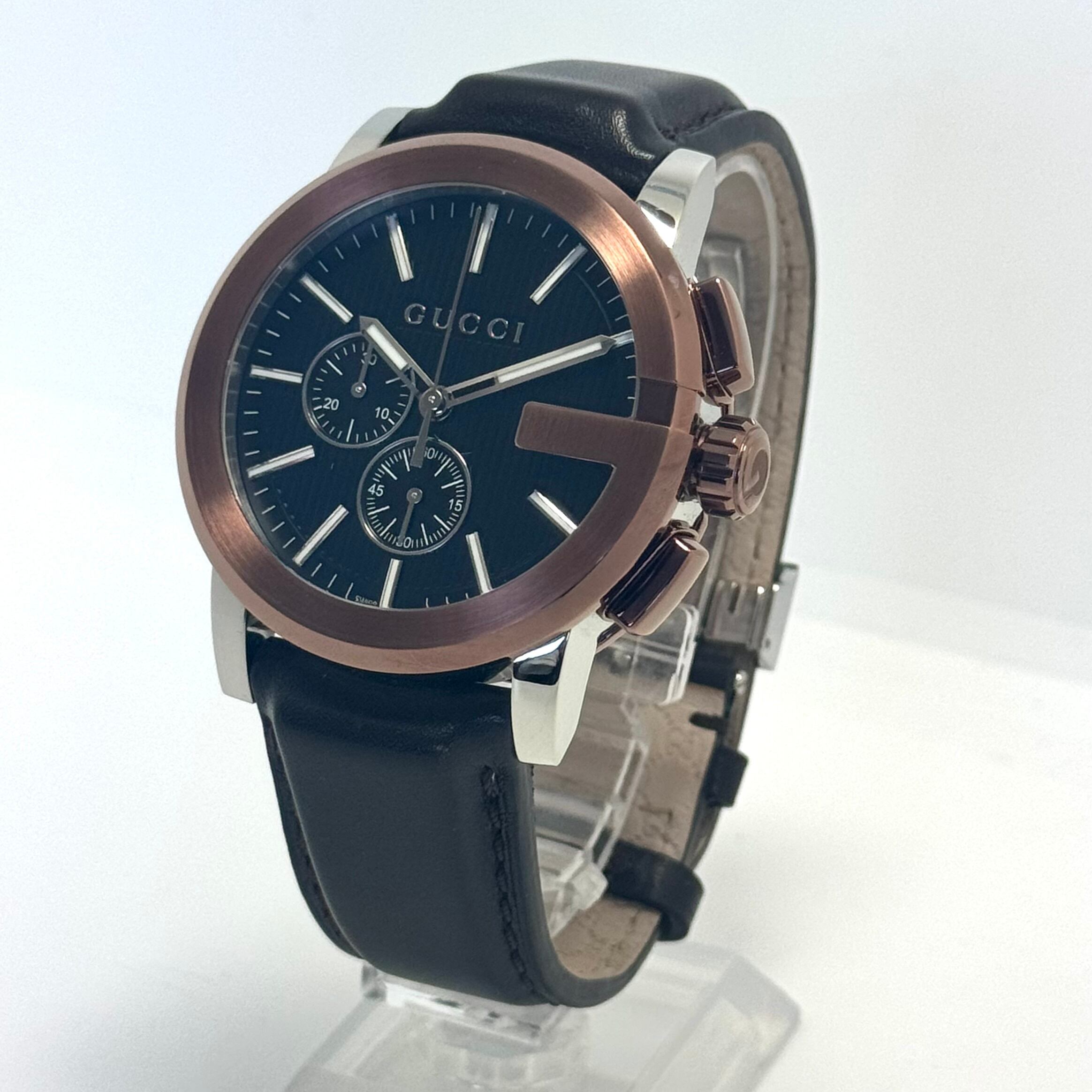 【美品】グッチ GUCCI Gクロノ YA101202 101.2 クォーツ 黒 クロノグラフ 革ベルト