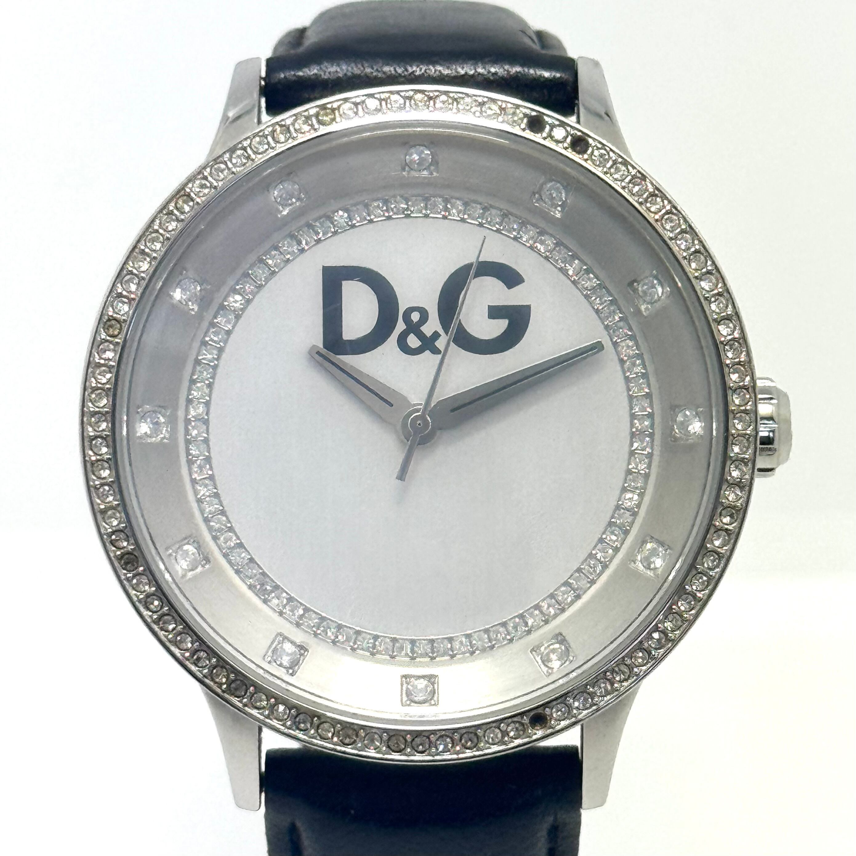 【電池交換済み】D&G ドルガバ ドルチェアンドガッバーナ プライムタイム DW0515BK クォーツ ラインストーン シルバー 革ベルト