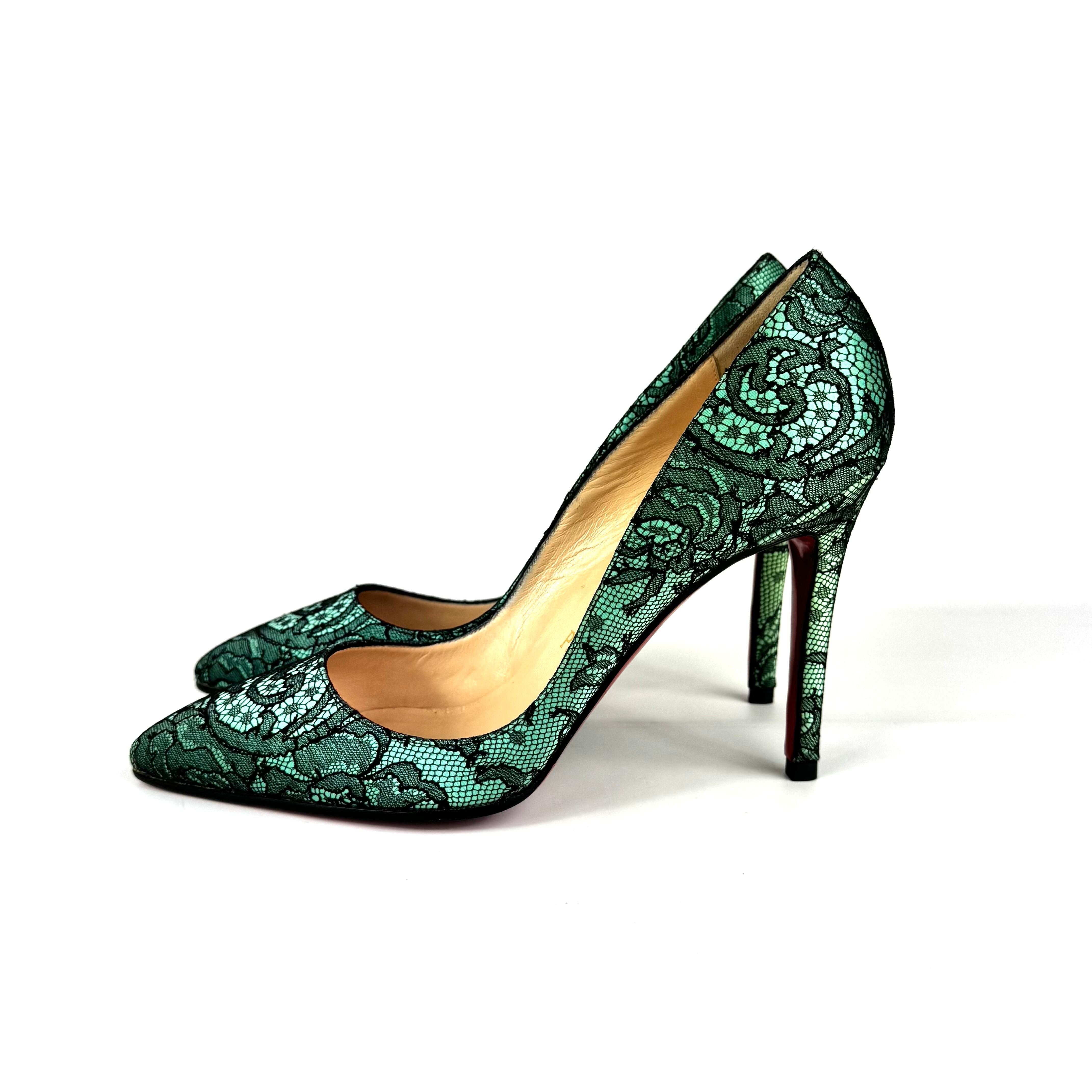 クリスチャンルブタン Christian Louboutin パンプス フラワーレース パーティー グリーン ブラック 37 日本サイズ約24cm