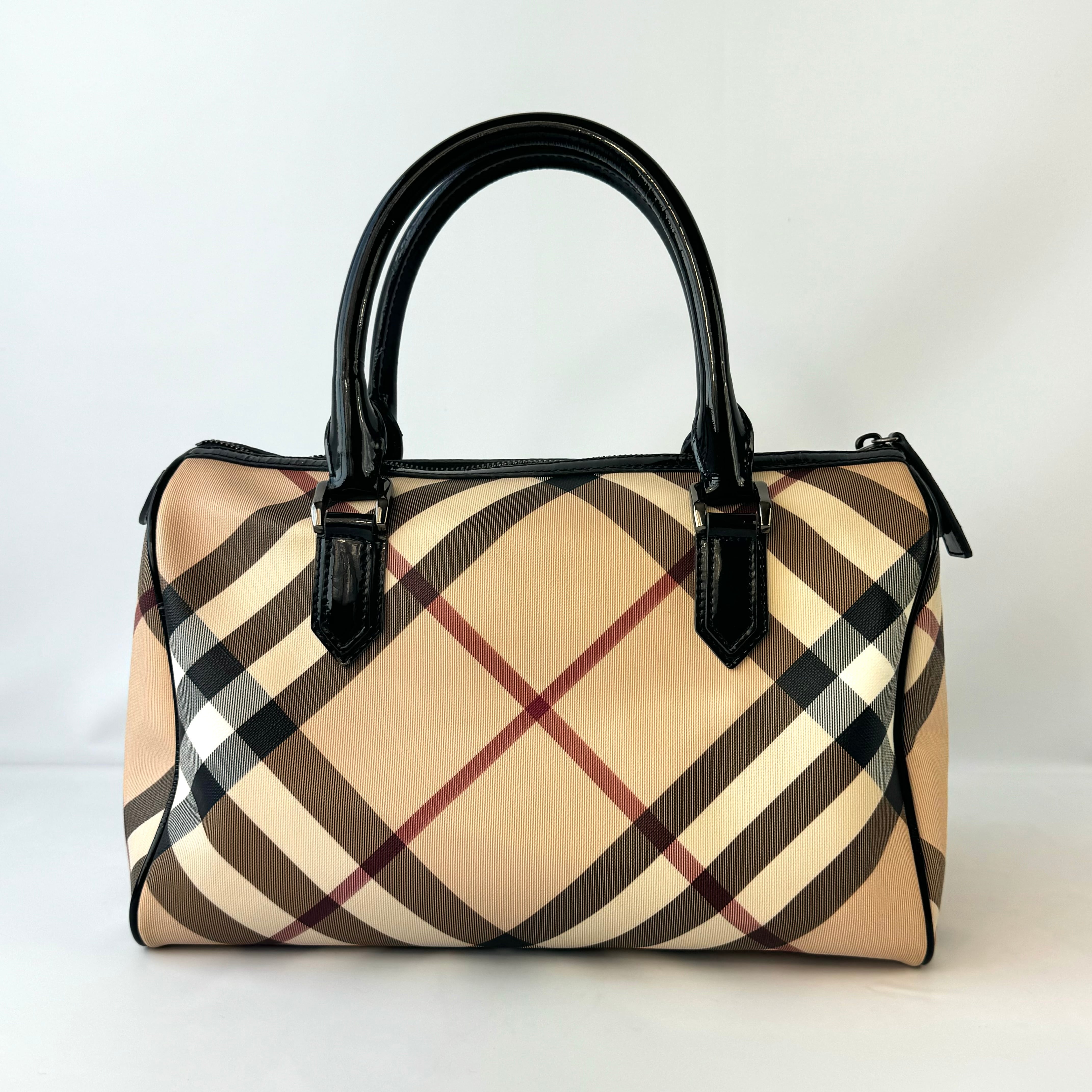 バーバリー ミニボストンバッグ ノバチェック メガチェック PVC×レザー ベージュ系