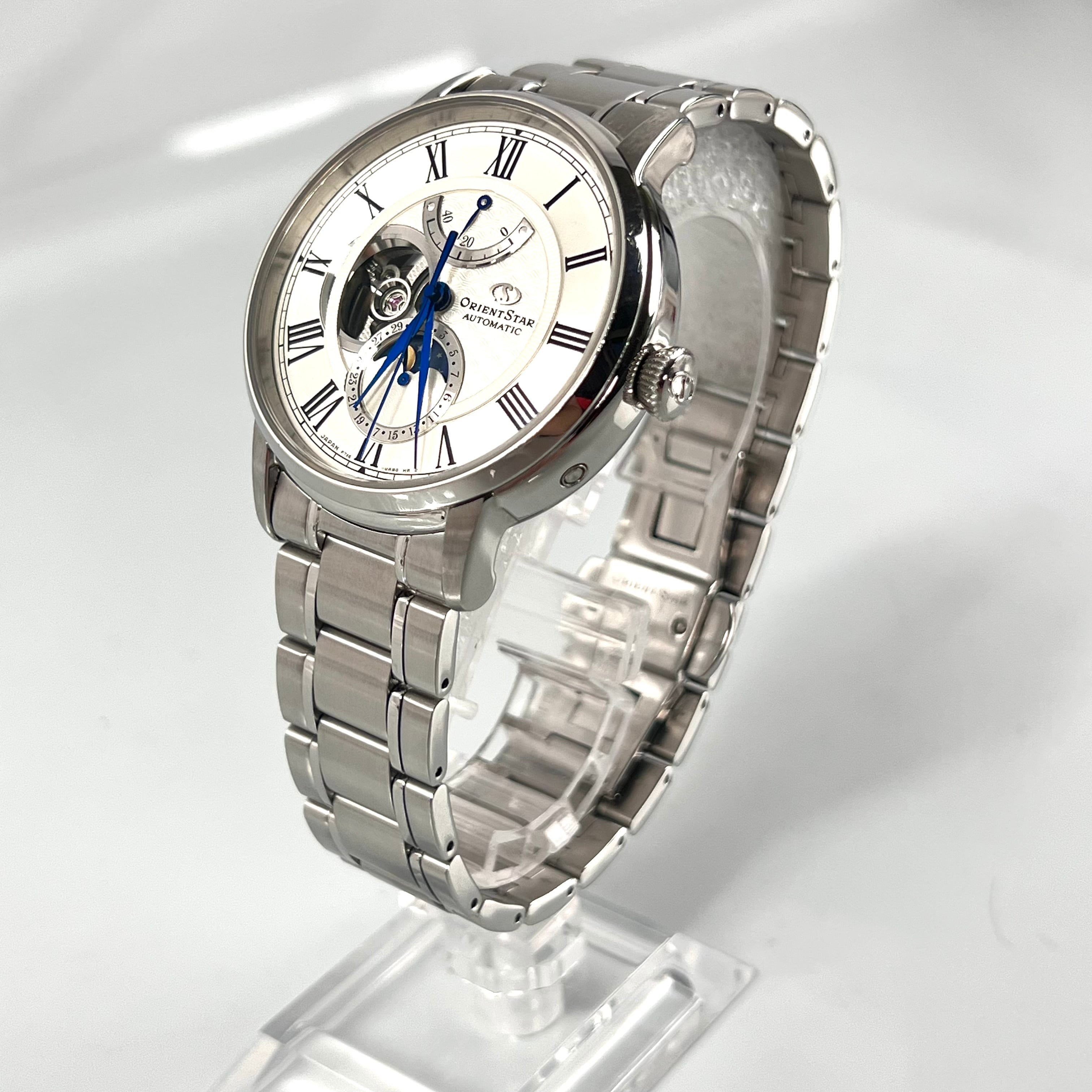 【美品】オリエント オリエントスター RK-AM0005S F7X6-UAA0 自動巻 手巻 セミスケルトン シルバー デイト表示 パワーリザーブ ムーンフェイズ ローマ数字