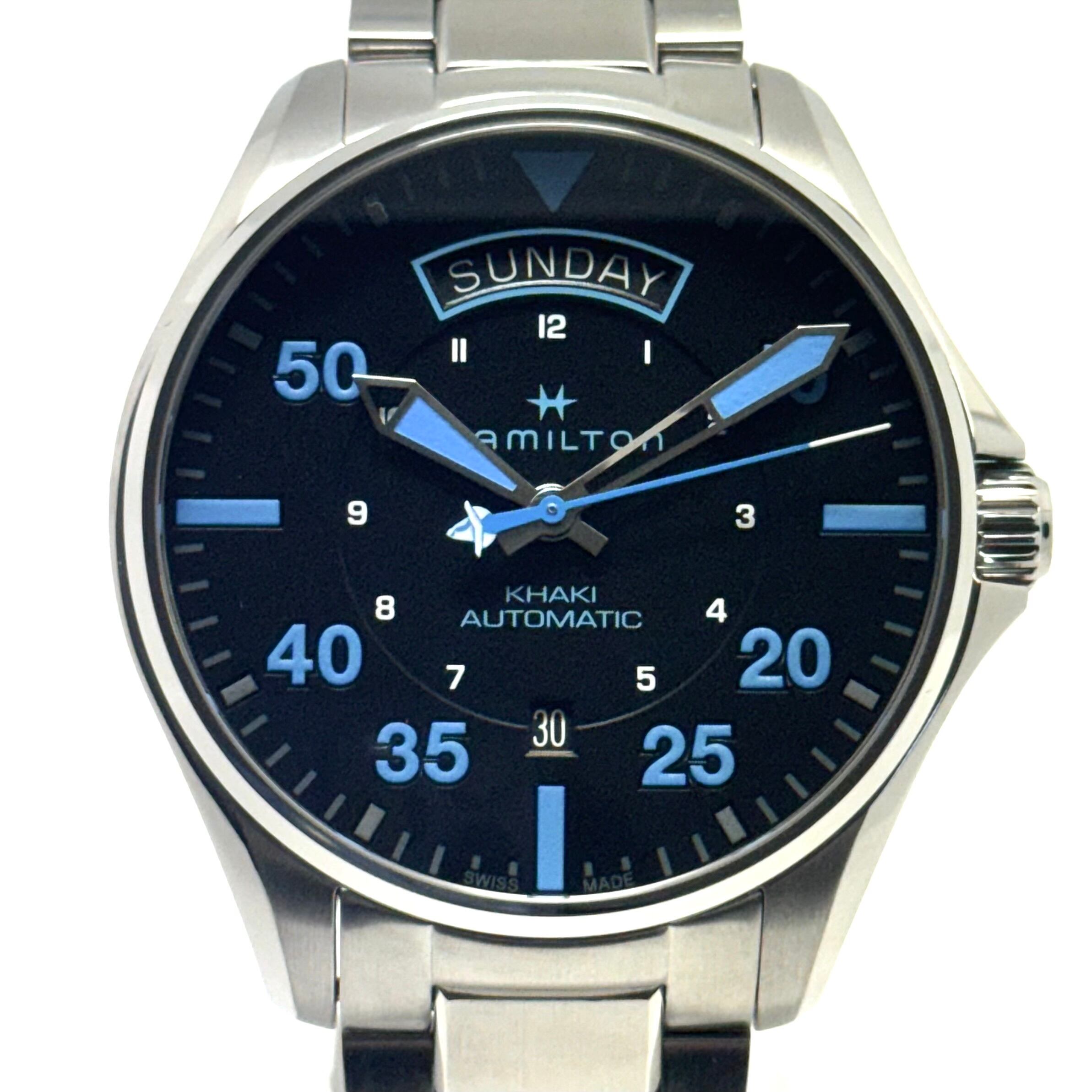 【美品・希少】ハミルトン HAMILTON カーキアビエーション H646250 H64625131 エアーツェルマットコラボレーションモデル 自動巻 デイデイト 裏スケ 黒