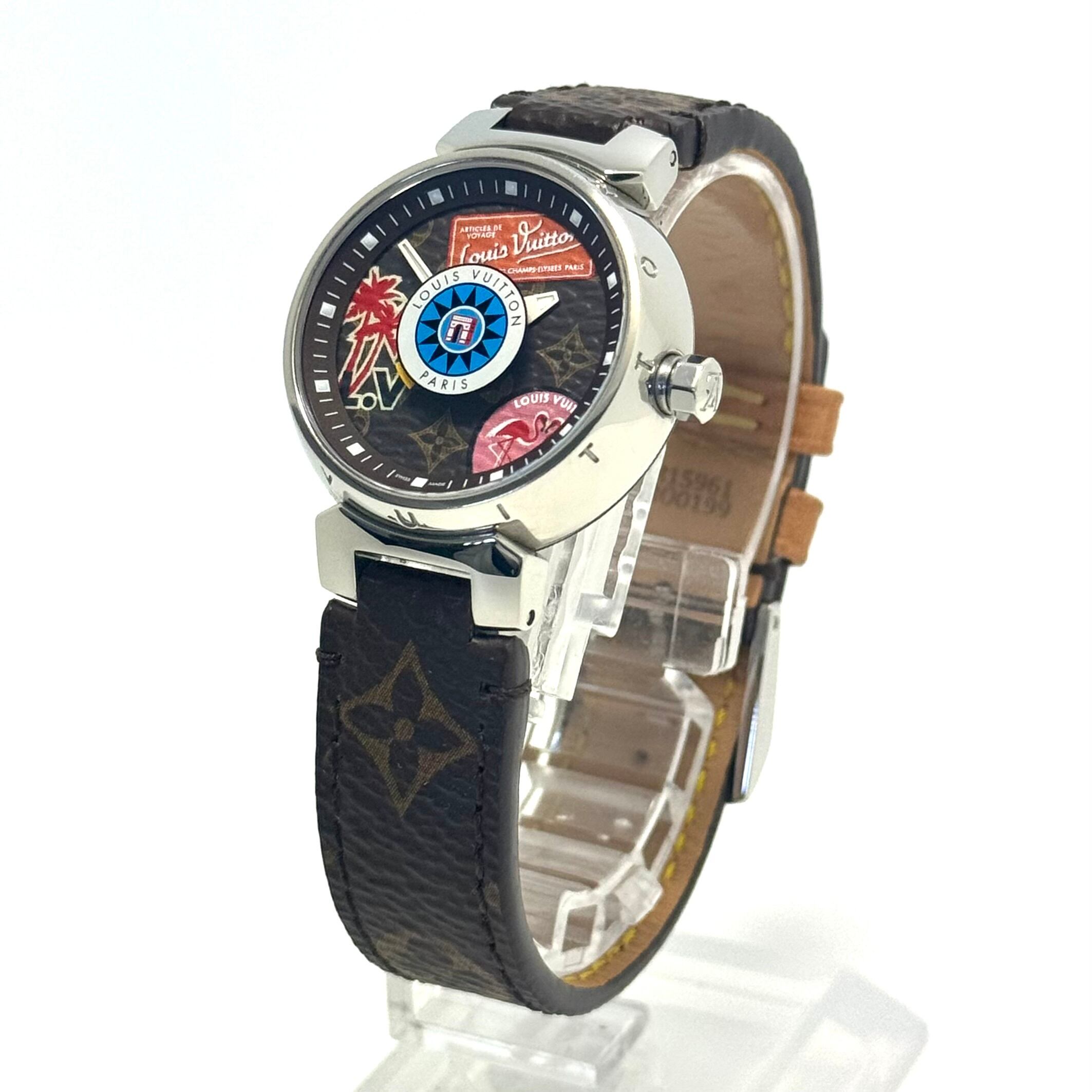 【希少】ルイヴィトン LOUIS VUITTON タンブール ワールドツアー TV2669 QA062 クォーツ ブラウン レディース 革ベルト