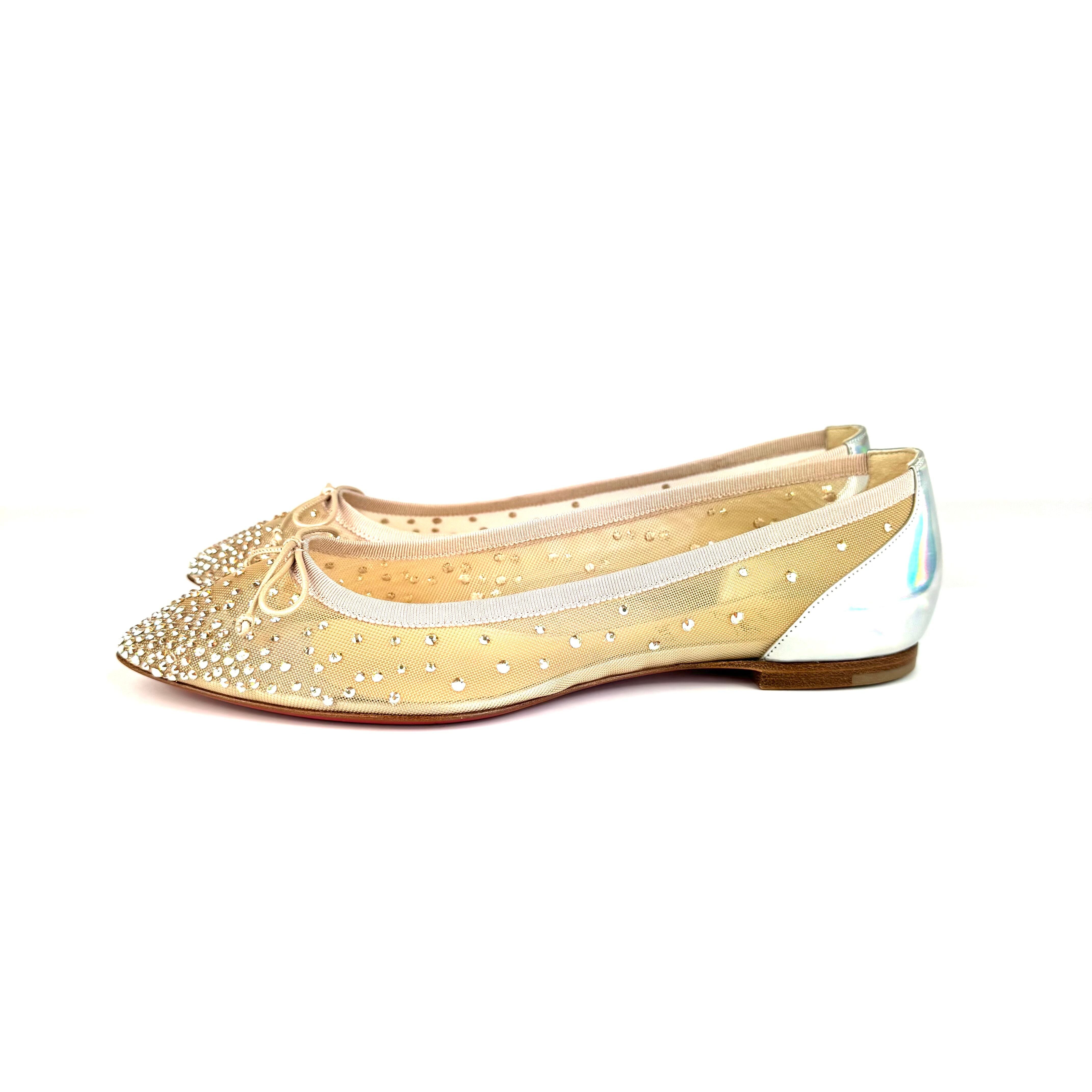 【美品・希少】クリスチャンルブタン フラットパンプス ラインストーン リボン メッシュ ベージュ 25.5cm