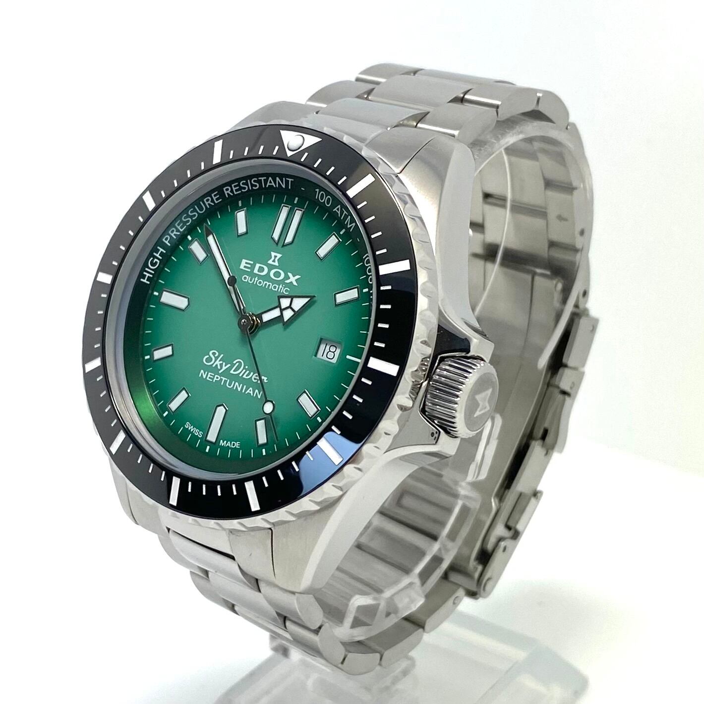 【美品】エドックス EDOX スカイダイバー ネプチュニアン 80120-3NM-VDN ダイバーズ 自動巻 グリーン デイト表示 セラミック
