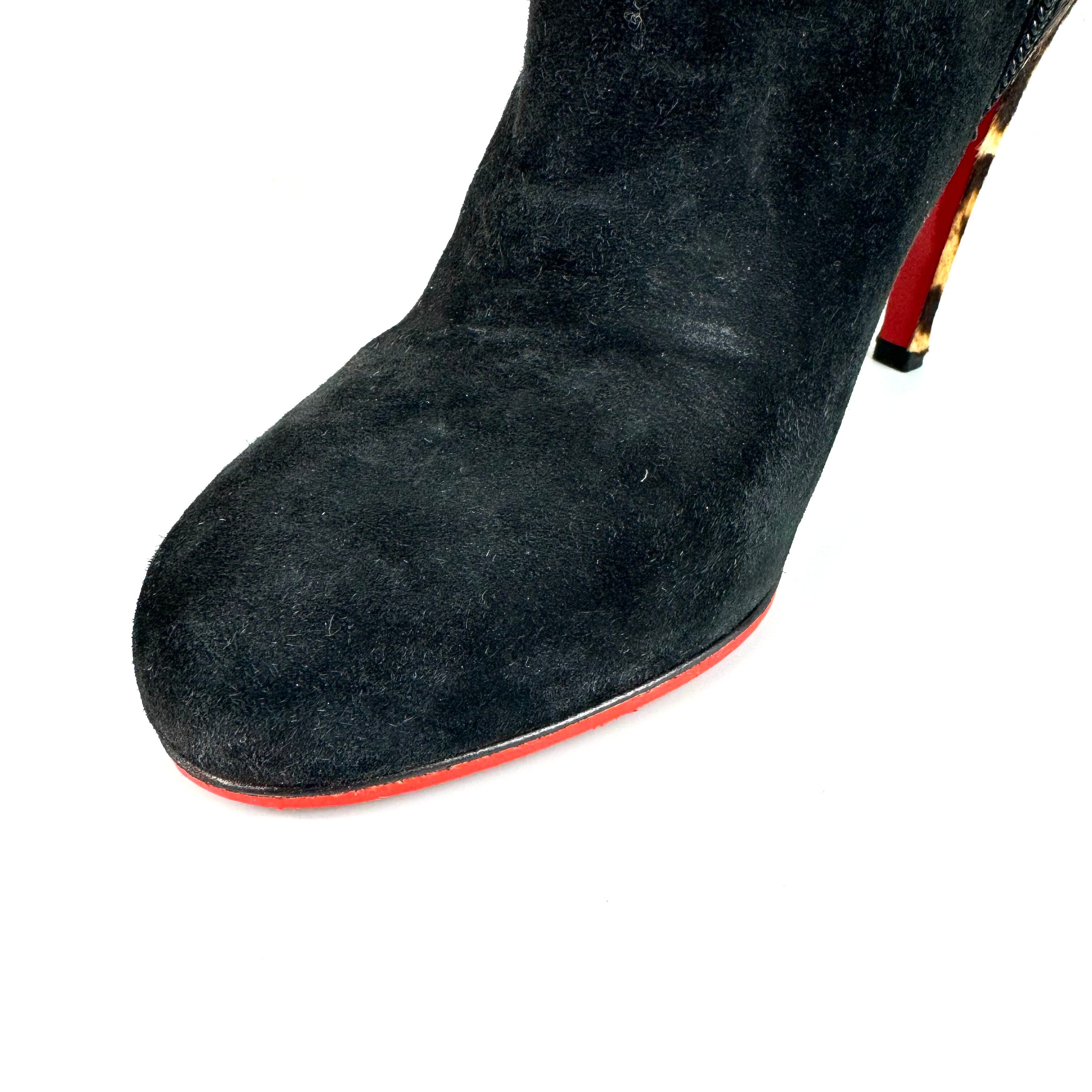 クリスチャンルブタン ロングブーツ ハラコ スエード 黒 ヒョウ柄 25cm