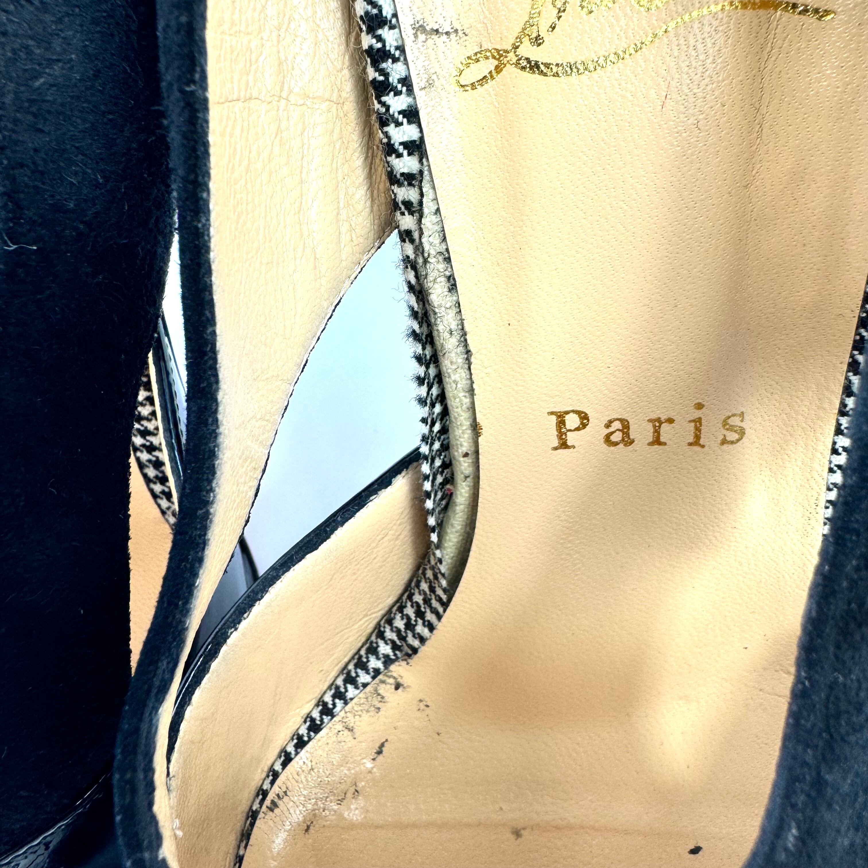 クリスチャンルブタン　パンプス　パテント　スエード　千鳥格子　黒　24.5cm