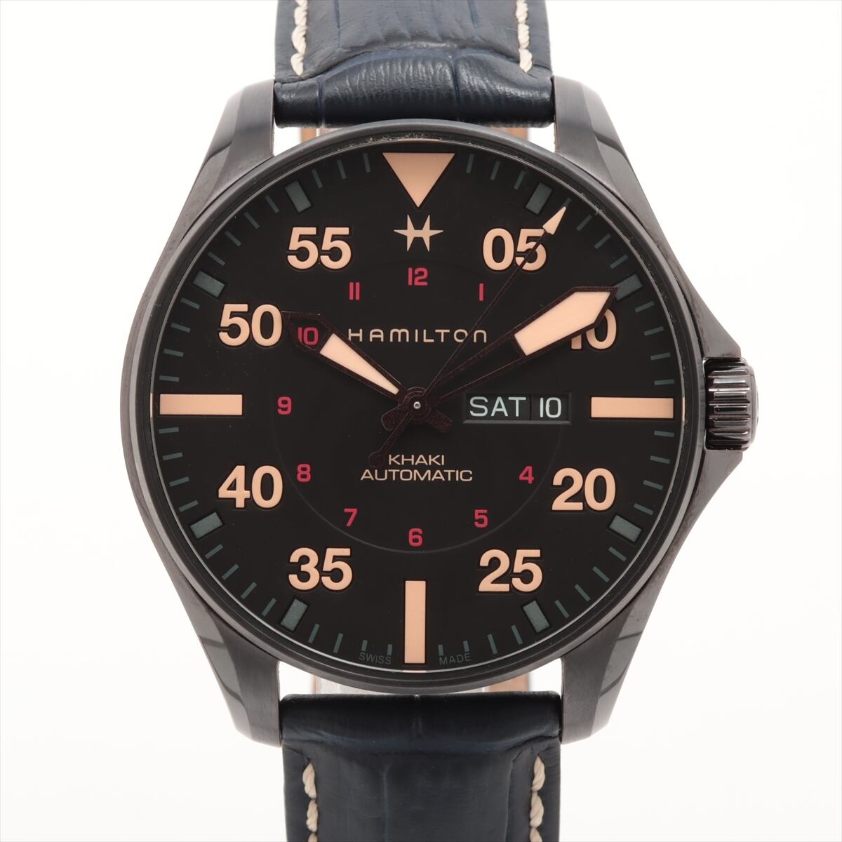 【美品・希少】ハミルトン HAMILTON カーキアビエーション パイロット デイデイト オート H64705531 H647050 自動巻 裏スケ 革ベルト 20気圧防水 中古 腕時計 メンズ