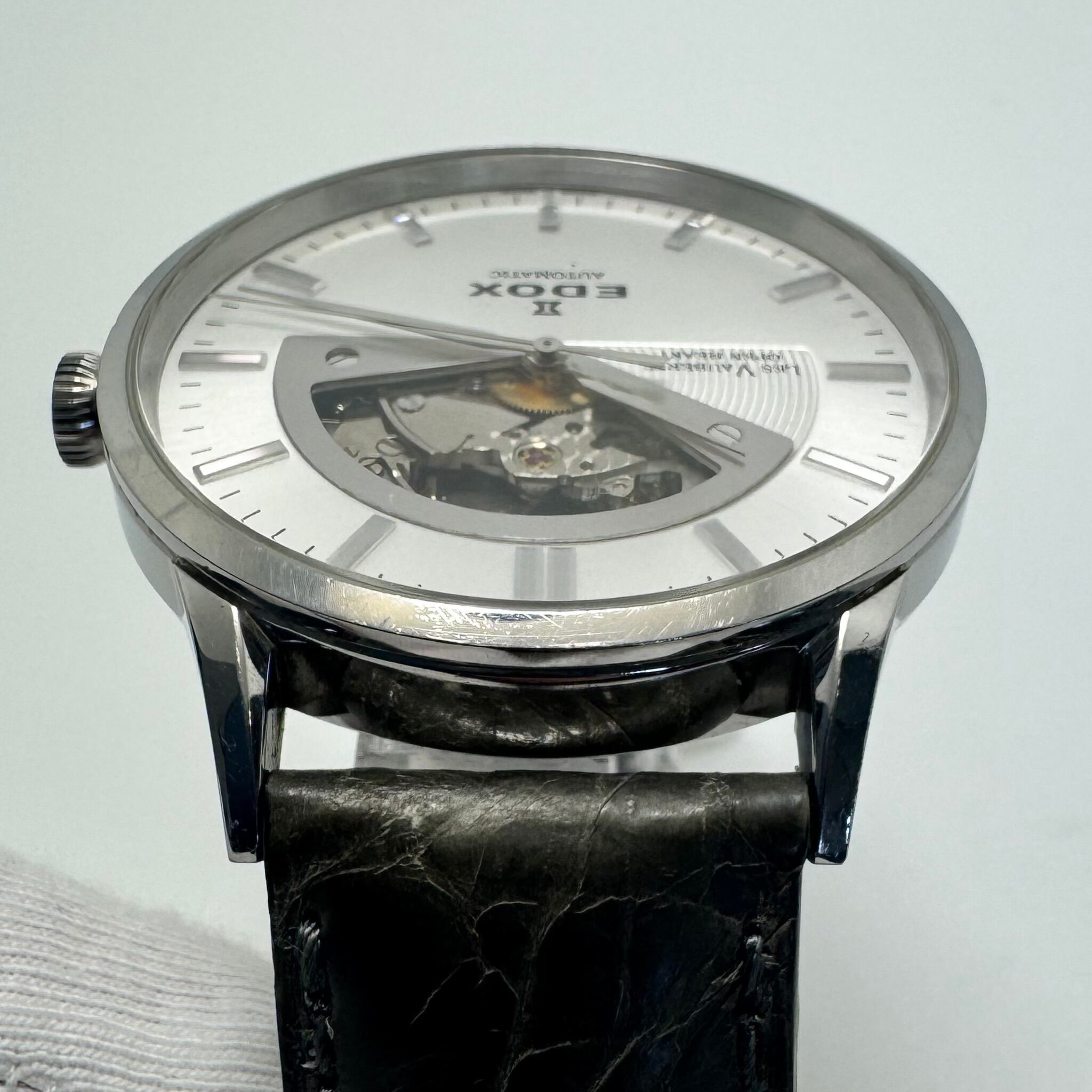 【希少】エドックス　EDOX　85014-3-AIN　レ・ヴォベール　オープンハート　自動巻　シルバー　革ベルト