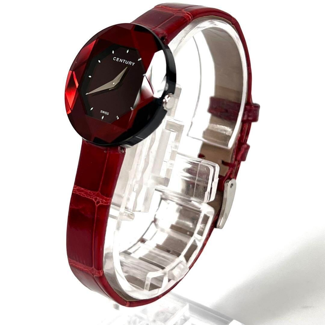 【美品】センチュリー　タイムジェム　クォーツ　カットガラス　ボルドー　革ベルト