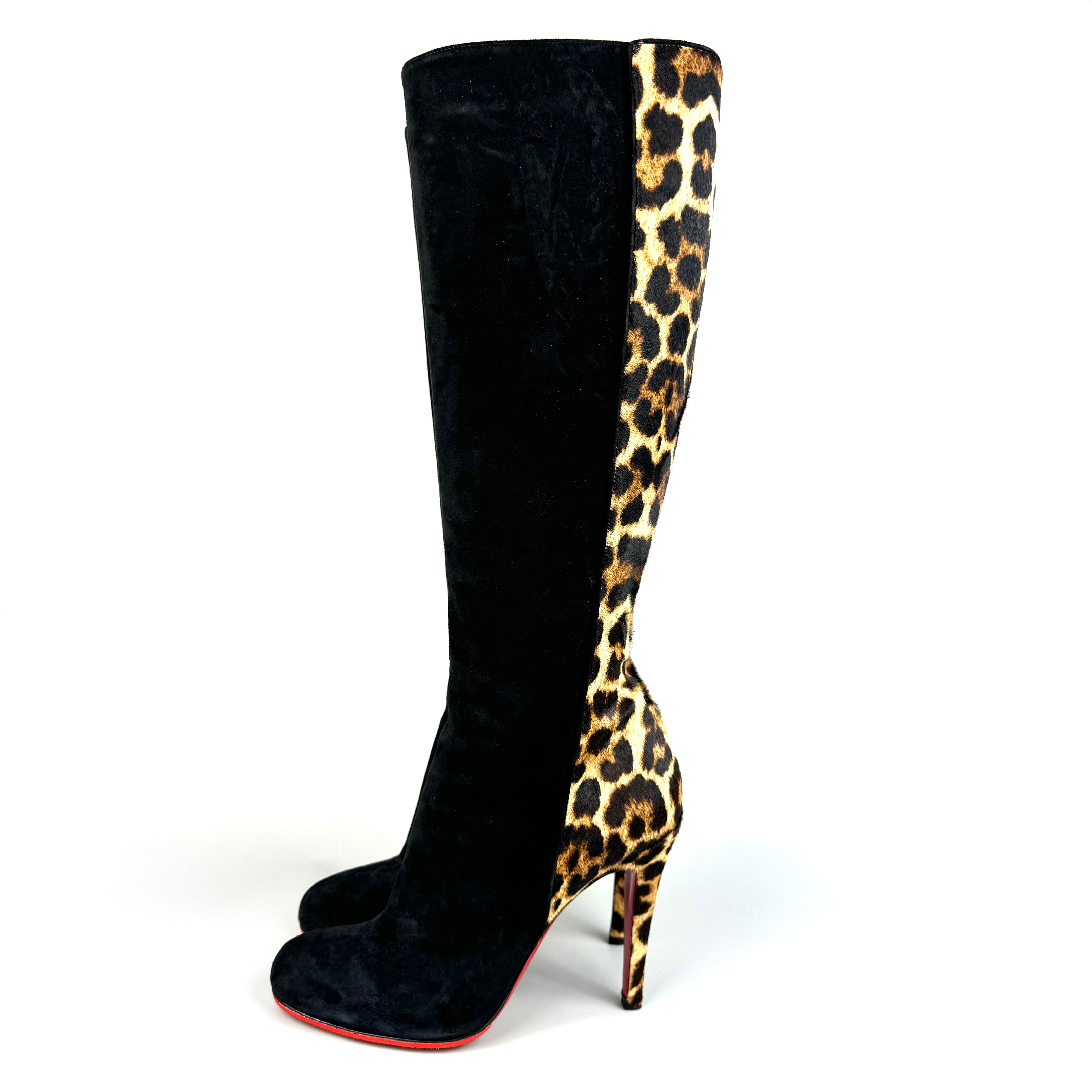 クリスチャンルブタン　ロングブーツ　ハラコ　スエード　黒　ヒョウ柄　25cm