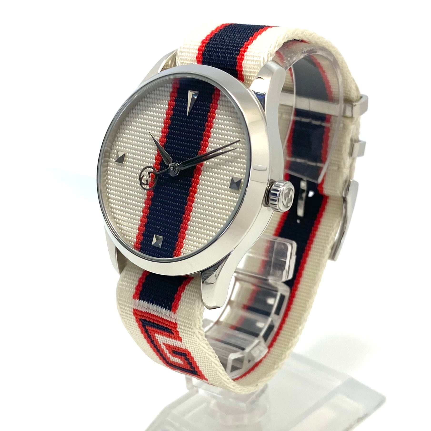 【美品】腕時計 メンズ グッチ GUCCI Gタイムレス 126.4 YA1264071 クォーツ アイボリー ネイビー レッド マルチカラー ナイロンベルト