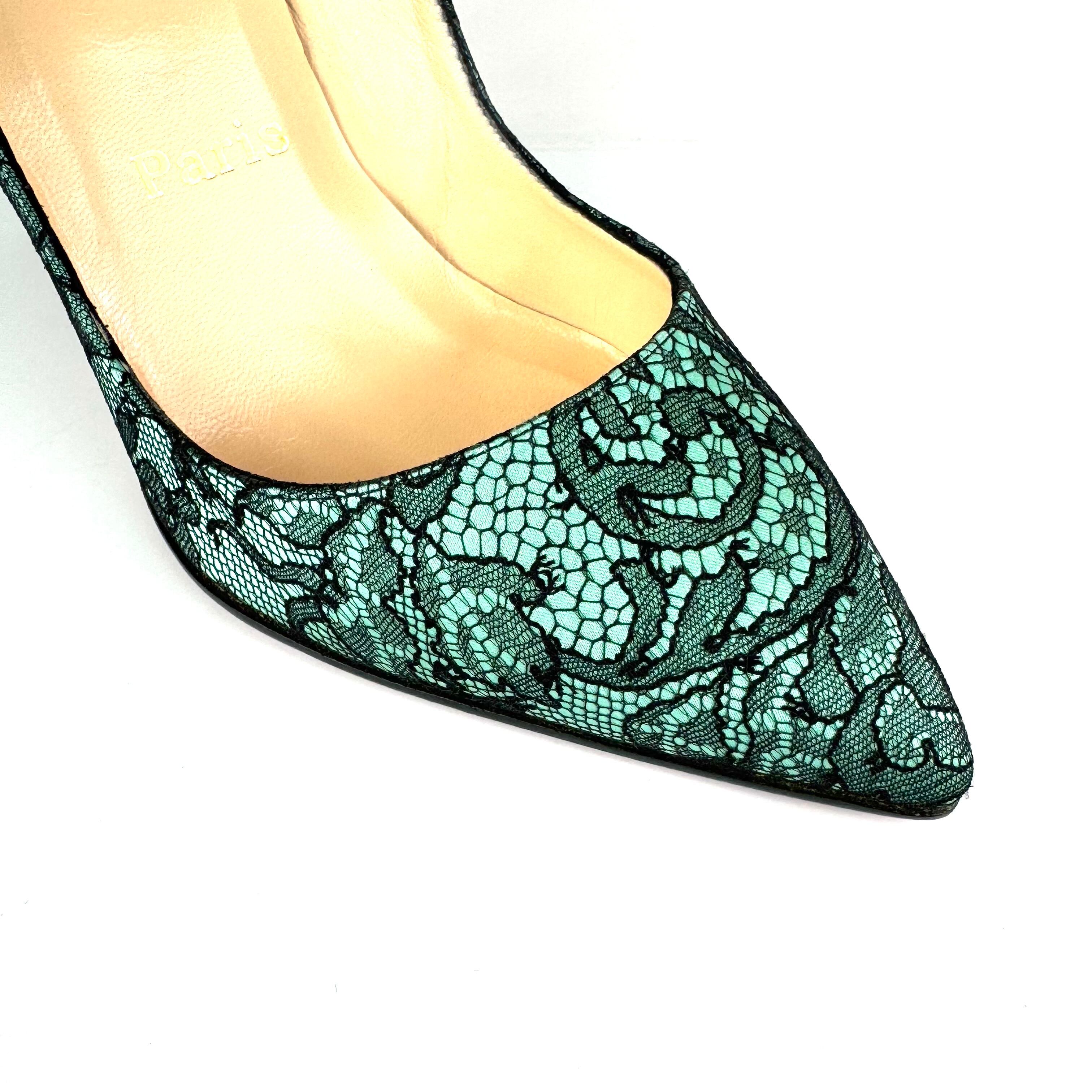 クリスチャンルブタン　Christian Louboutin　パンプス　フラワーレース　パーティー　グリーン　ブラック　37　日本サイズ約24cm