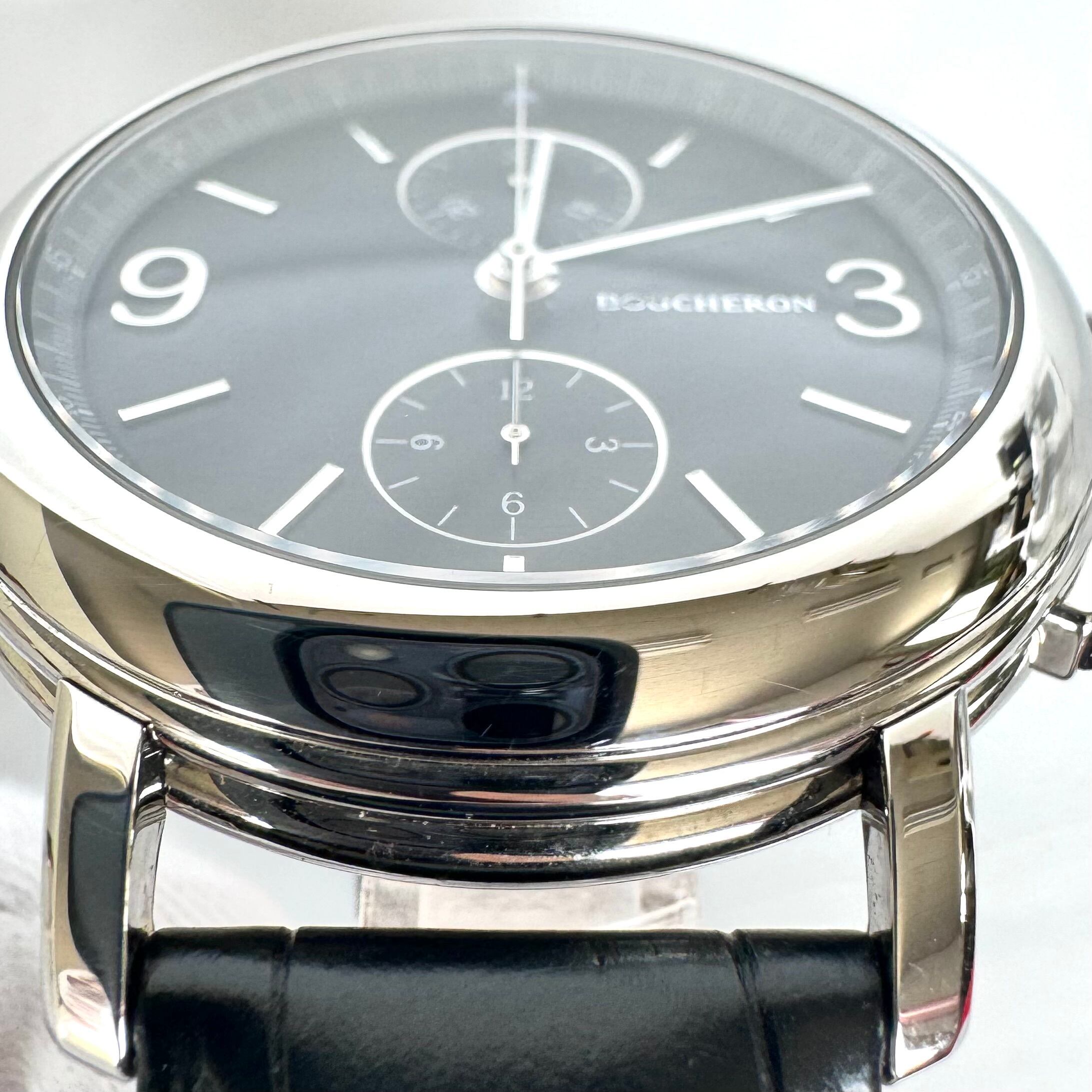 【美品】ブシュロン　エピュール　WA021302　自動巻　黒　クロノグラフ　裏スケ　革ベルト