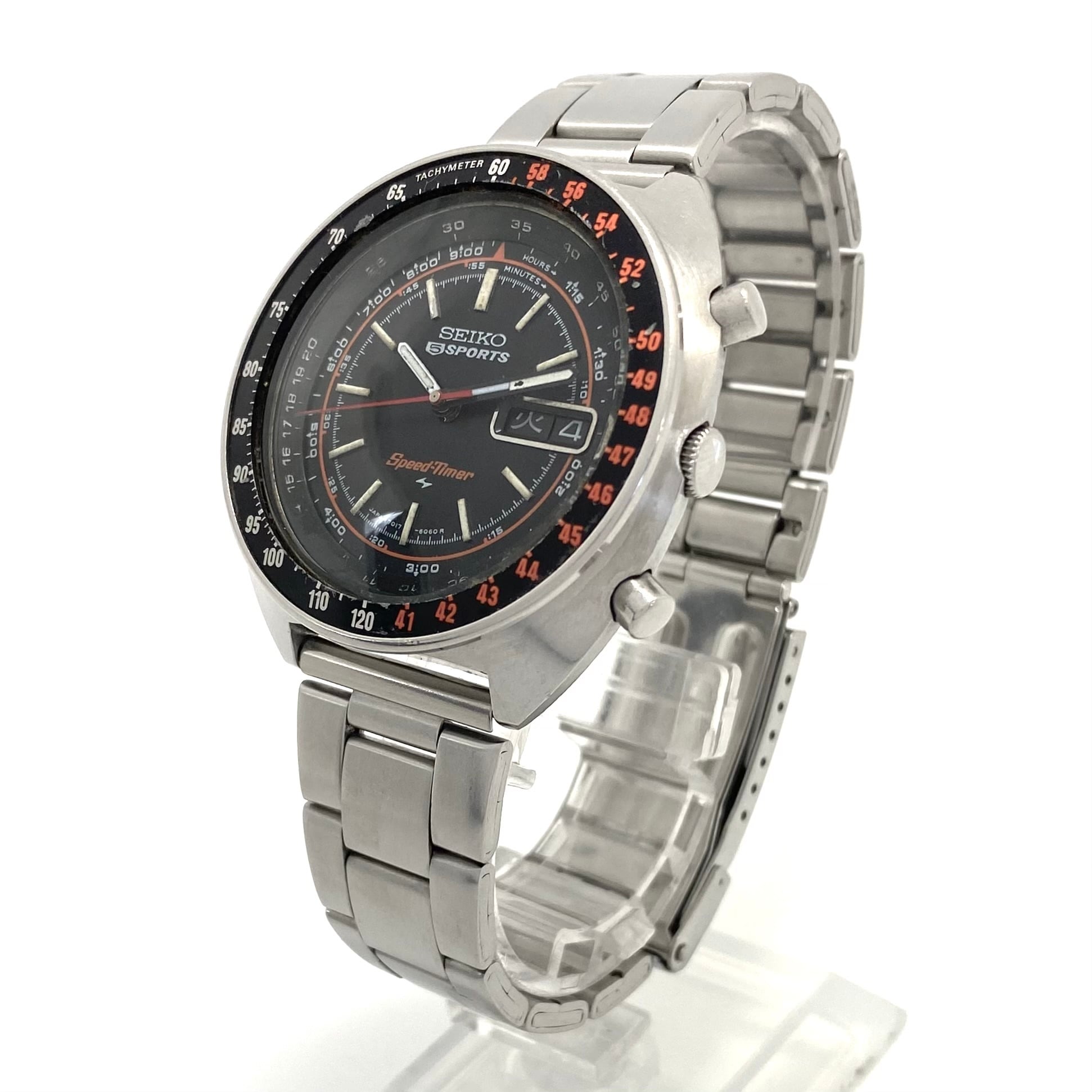【希少】腕時計 メンズ セイコー 5スポーツ スピードタイマー ラリーメーター 7017-6050 自動巻 黒 デイデイト表示（日本語・英語） クロノグラフ 1971年製 ヴィンテージ 社外ベルト