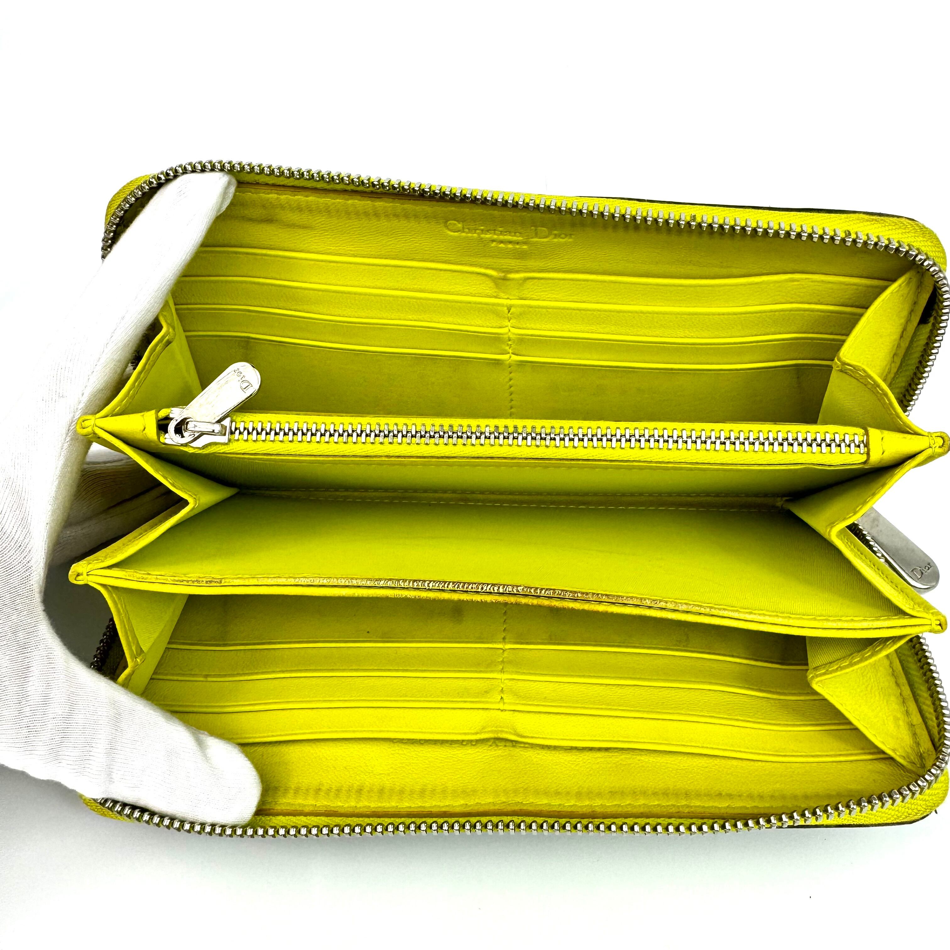 クリスチャンディオール　カナージュ　ロングウォレット　ラウンドジップ　レザー　黒　黄色　チャームなし