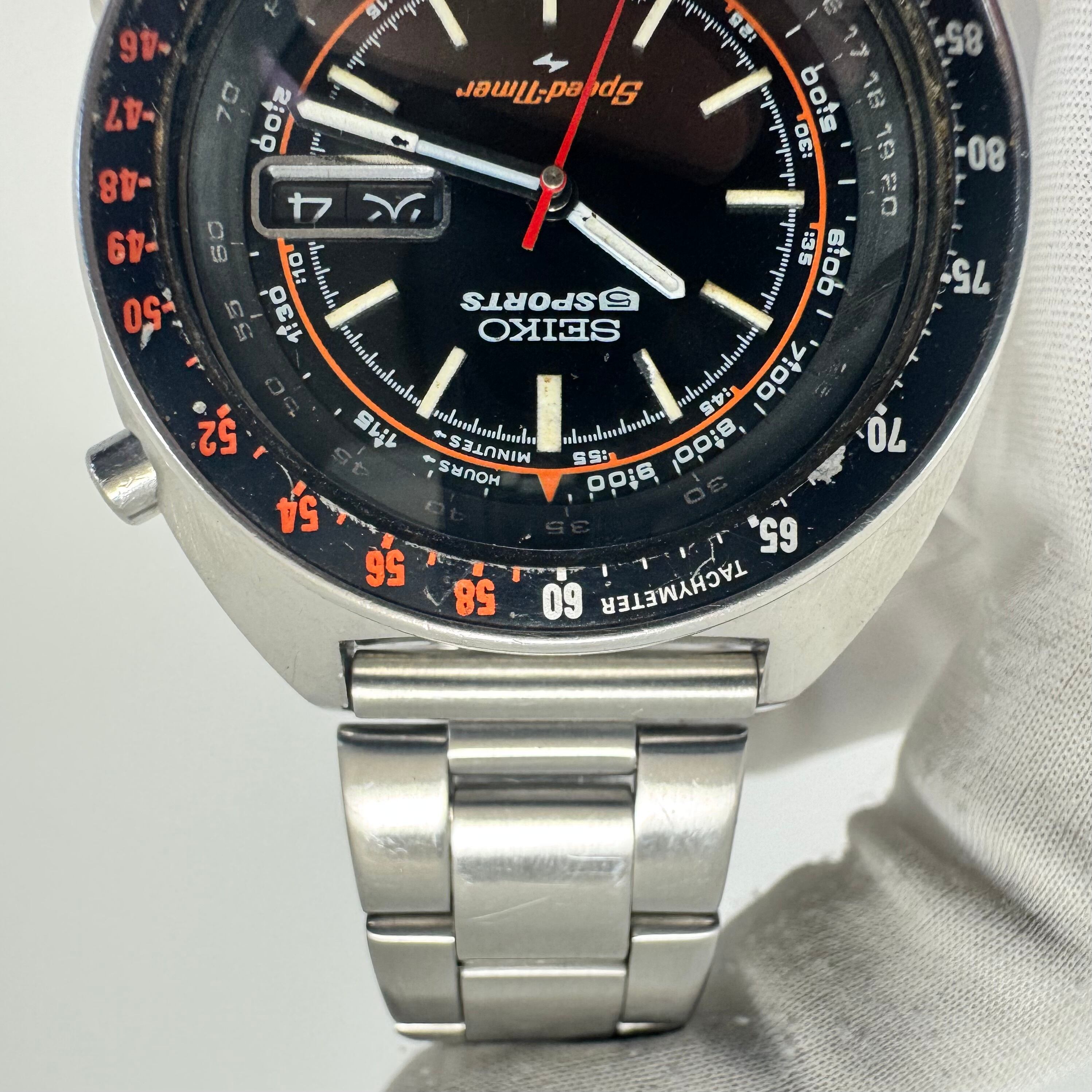 【希少】腕時計 メンズ セイコー 5スポーツ スピードタイマー ラリーメーター 7017-6050 自動巻 黒 デイデイト表示（日本語・英語） クロノグラフ 1971年製 ヴィンテージ 社外ベルト