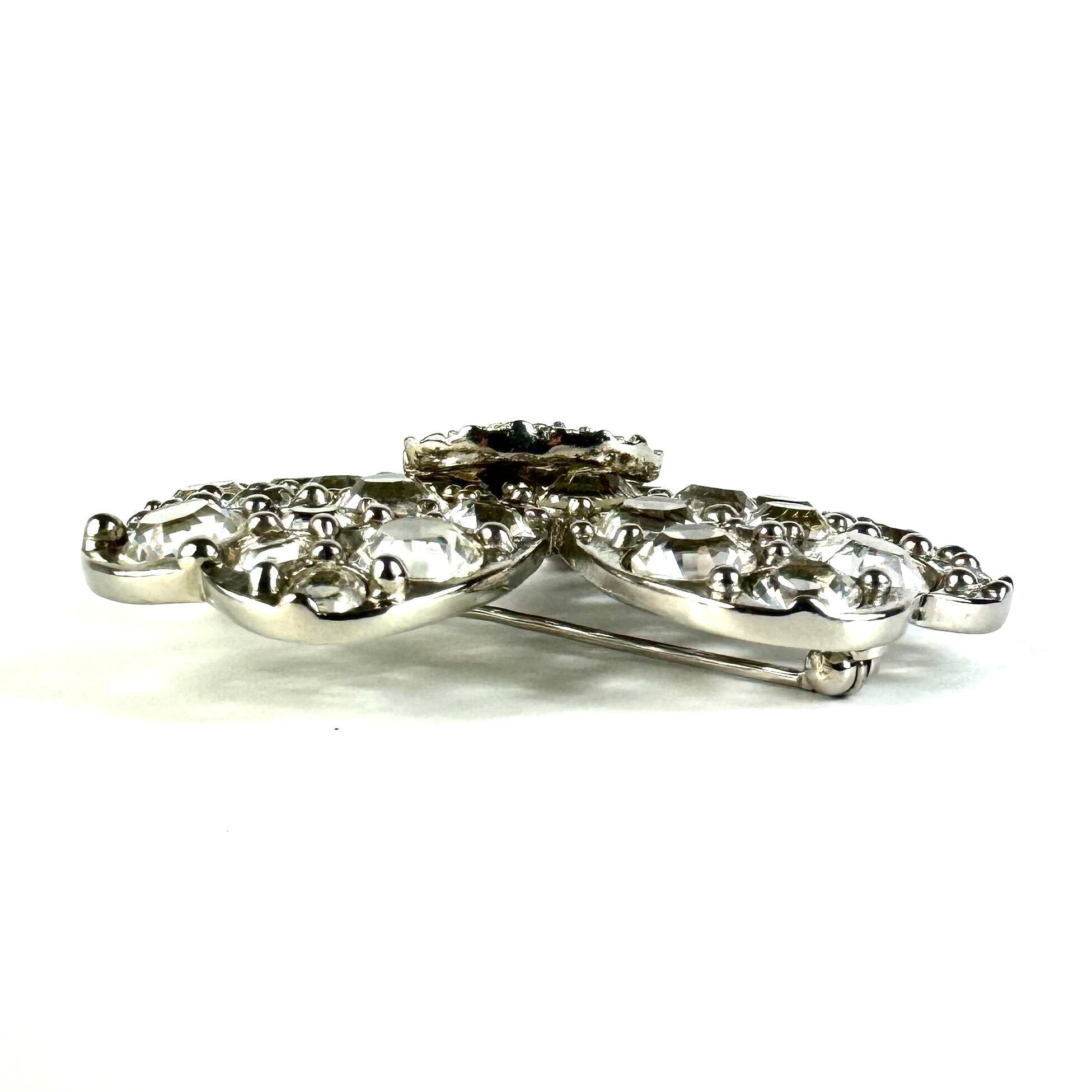 【美品】シャネル　ブローチ　クローバー　ココマーク　ラインストーン　シルバー