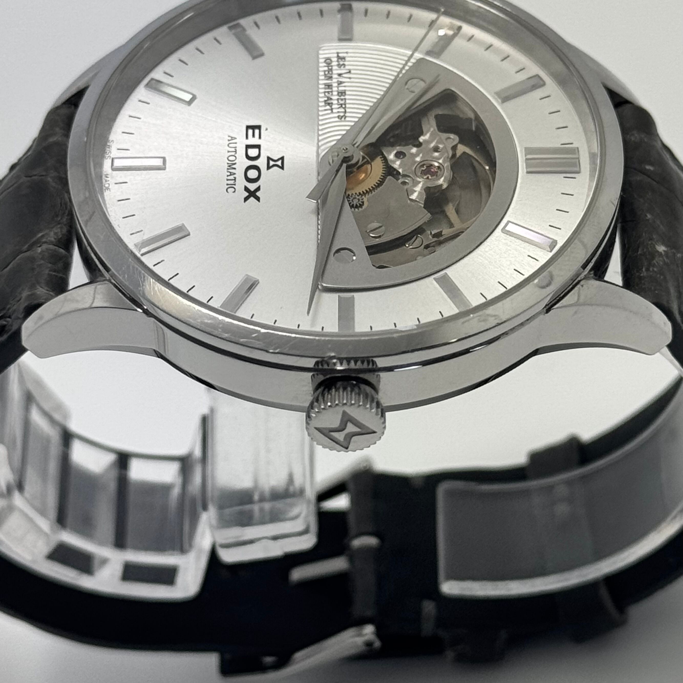 【希少】エドックス　EDOX　85014-3-AIN　レ・ヴォベール　オープンハート　自動巻　シルバー　革ベルト