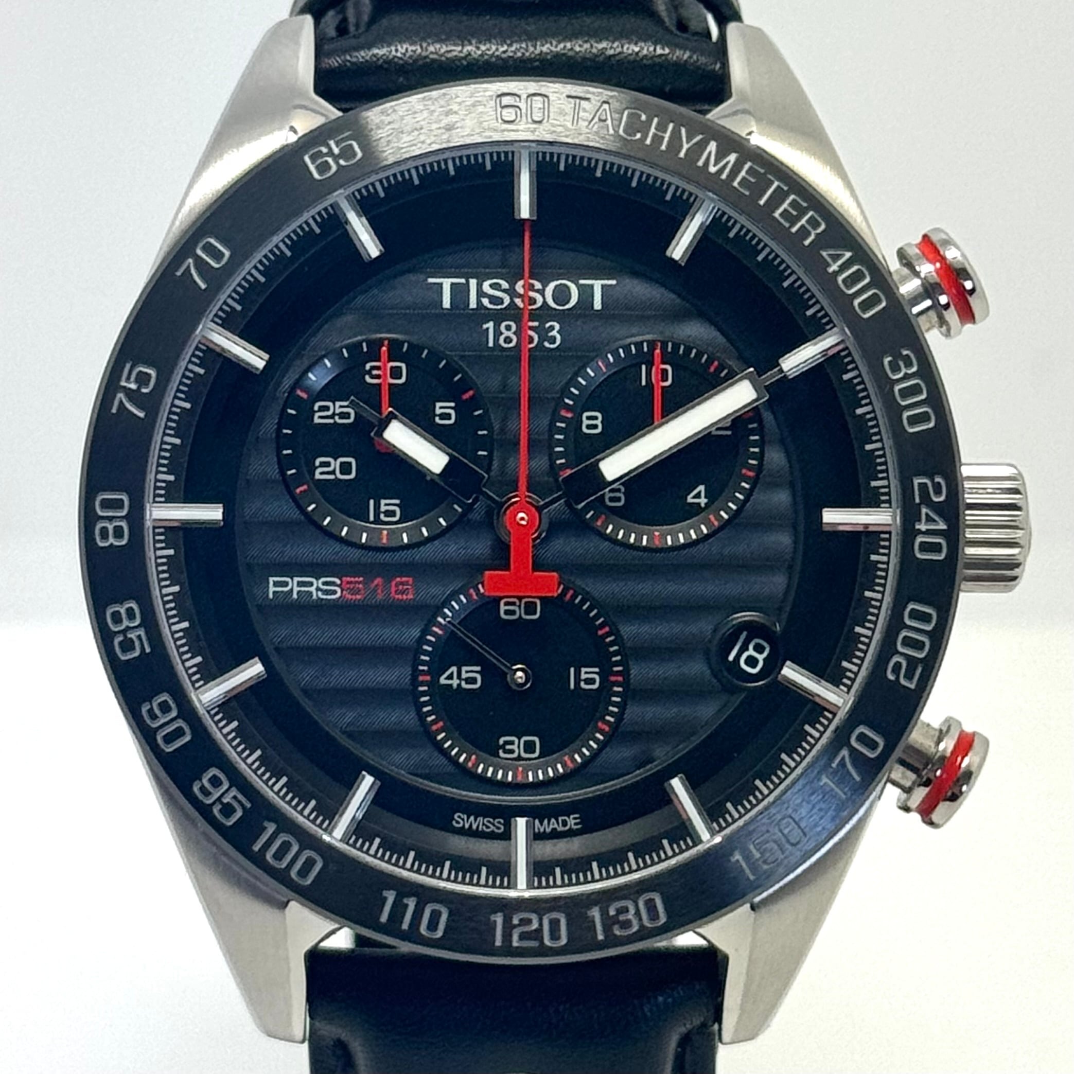 【美品】ティソ　TISSOT　PRS516　クロノグラフ　T100417A　クォーツ　クロノグラフ　黒　デイト表示　革ベルト