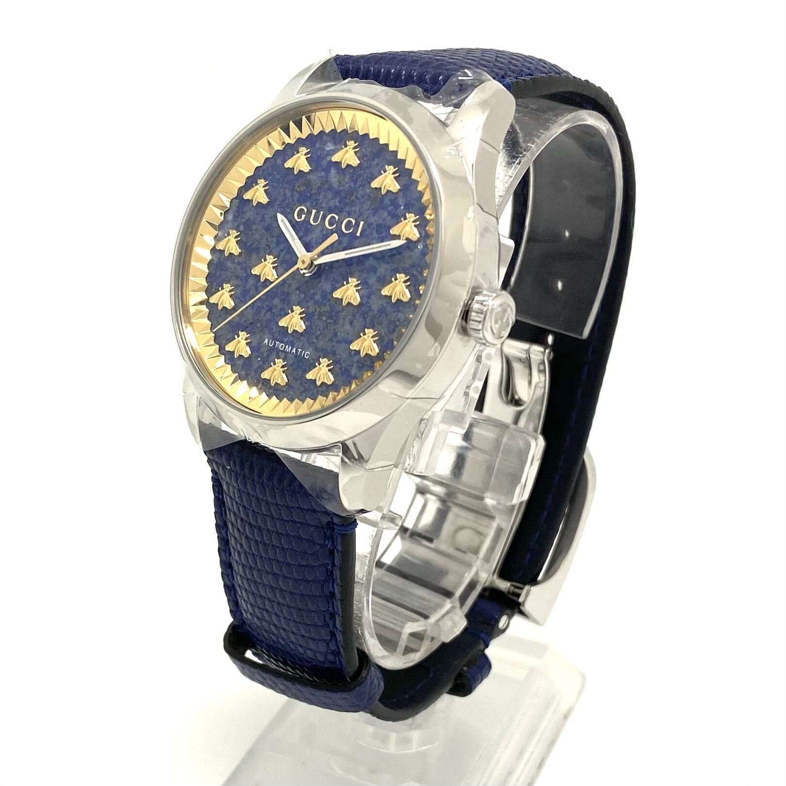 【未使用】腕時計 グッチ GUCCI Gタイムレス 126.4 YA1264122 ビー 蜂 モチーフ 自動巻 青 革ベルト メンズ レディース ユニセックス