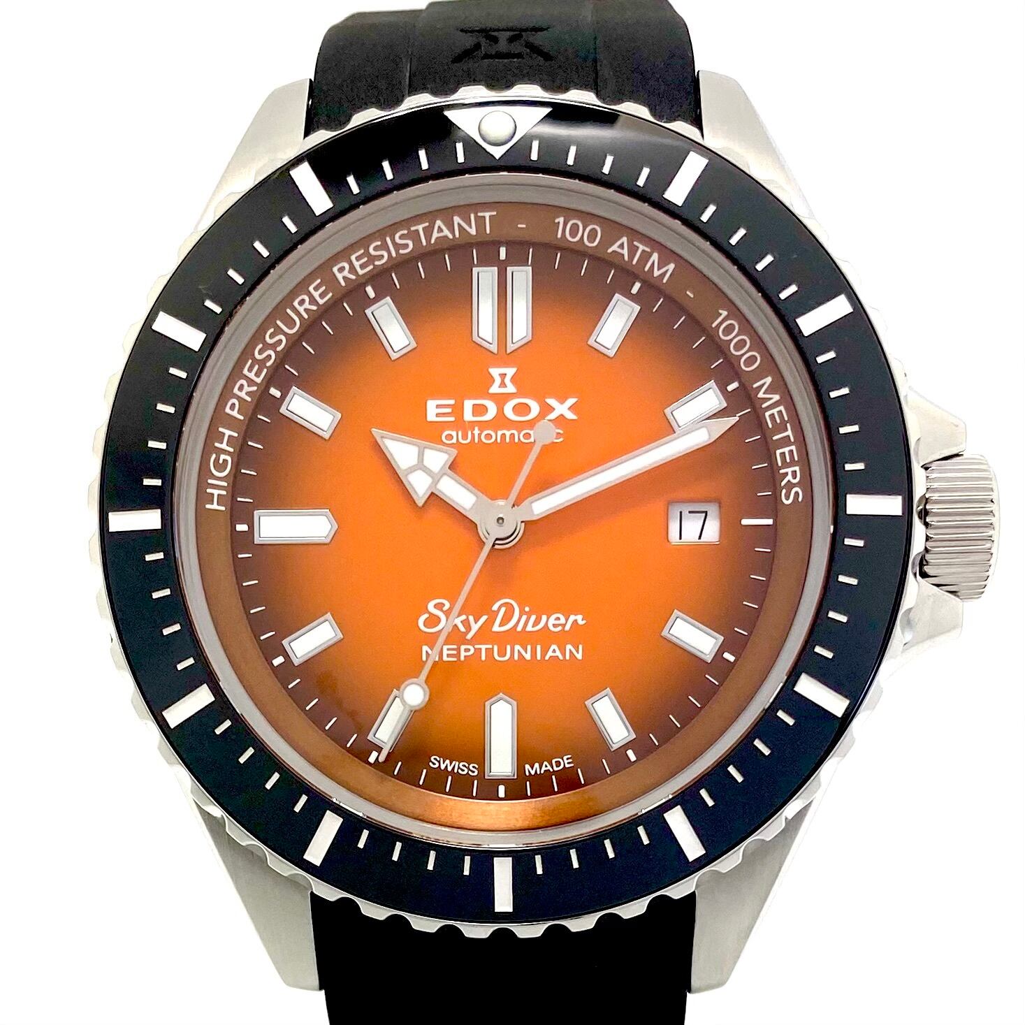 【美品】腕時計 メンズ エドックス スカイダイバー ネプチュニアン 80120-3NCA-ODN ダイバーズ 自動巻 オレンジ デイト表示 樹脂ベルト セラミック 1000m防水