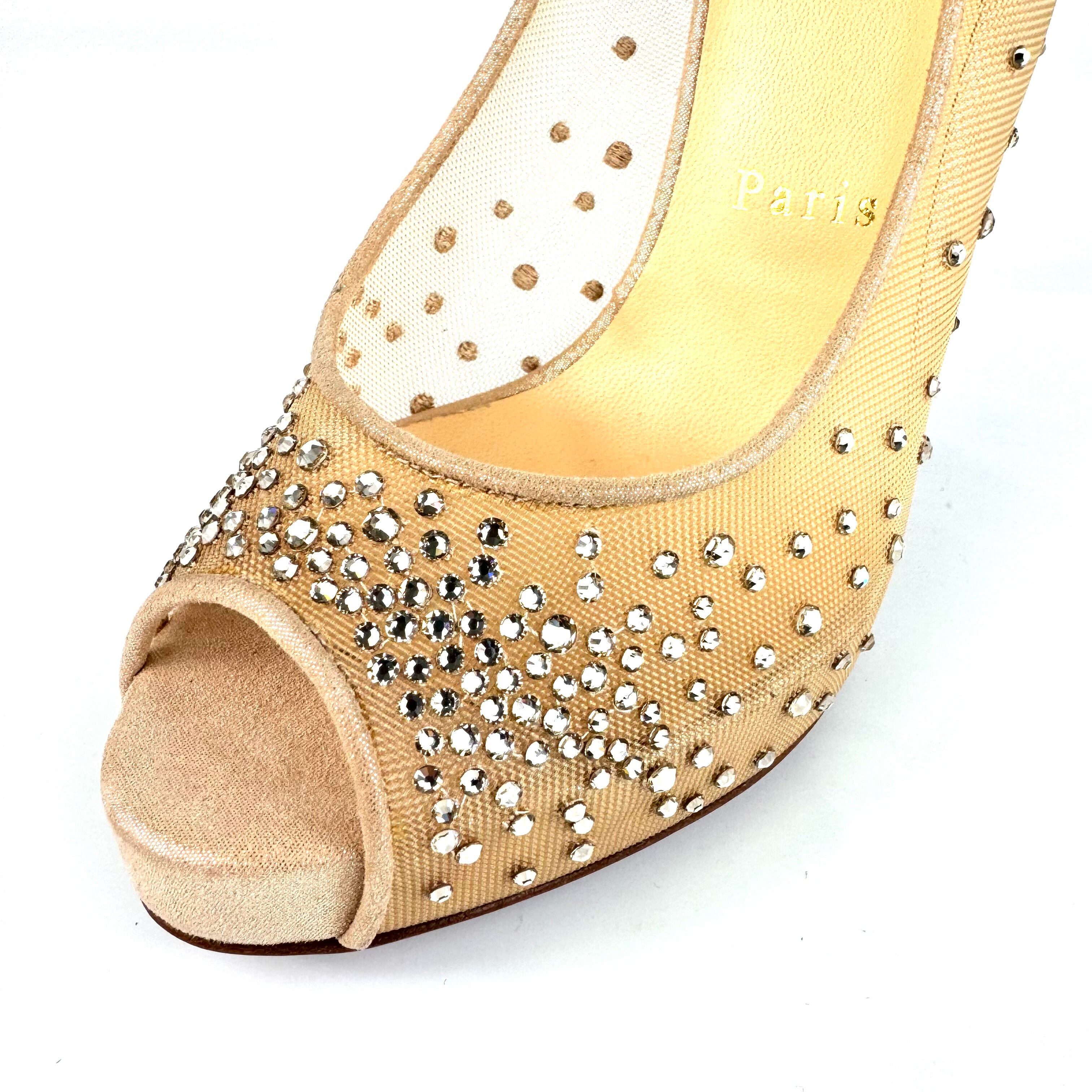 【未使用】クリスチャンルブタン　パンプス　メッシュ×スエード　オープントゥ　ベージュ　23.5cm