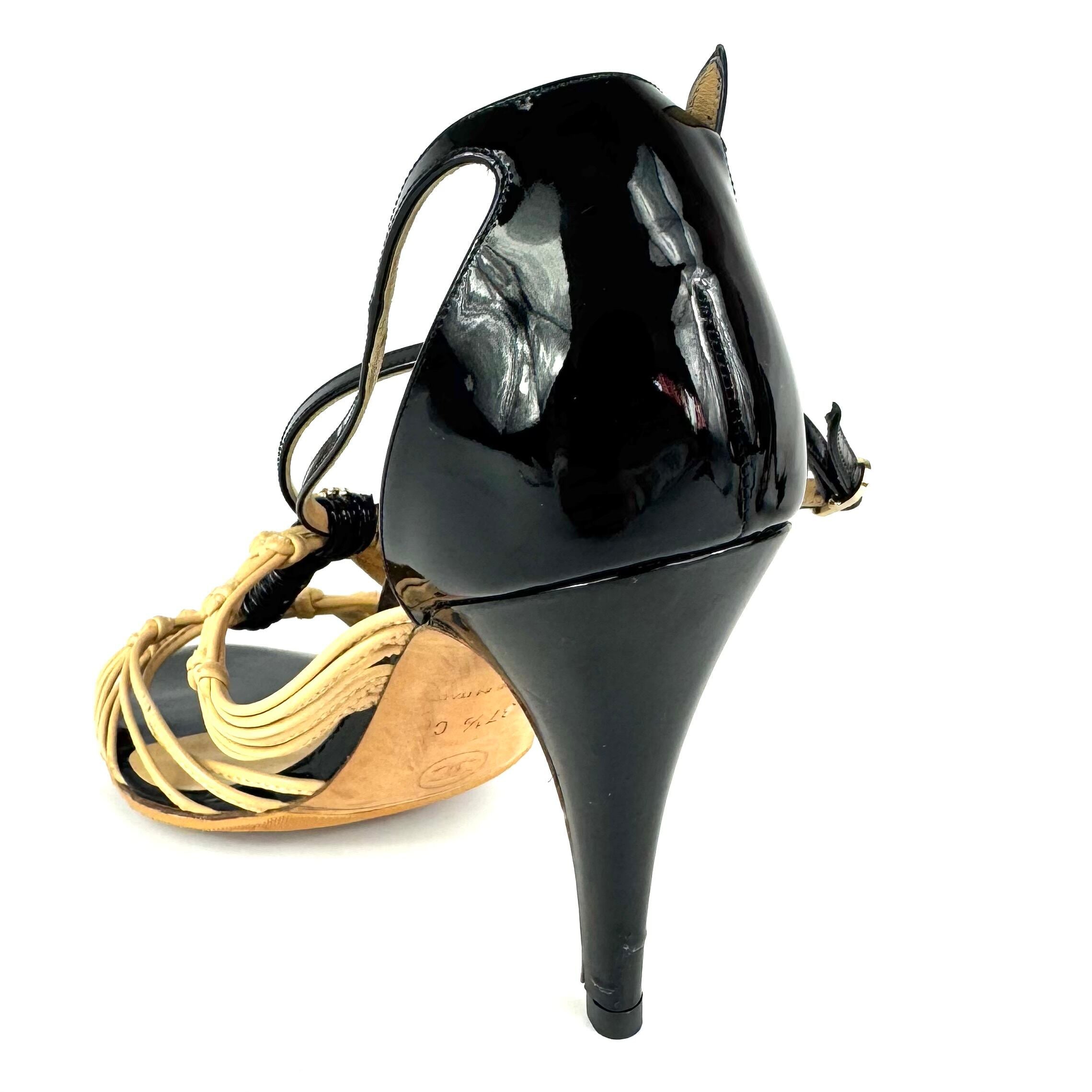 シャネル　CHANEL　ヒールサンダル　ストラップ　ココマーク　ベージュ　ブラック　37 1/2C　日本サイズ約24.5cm