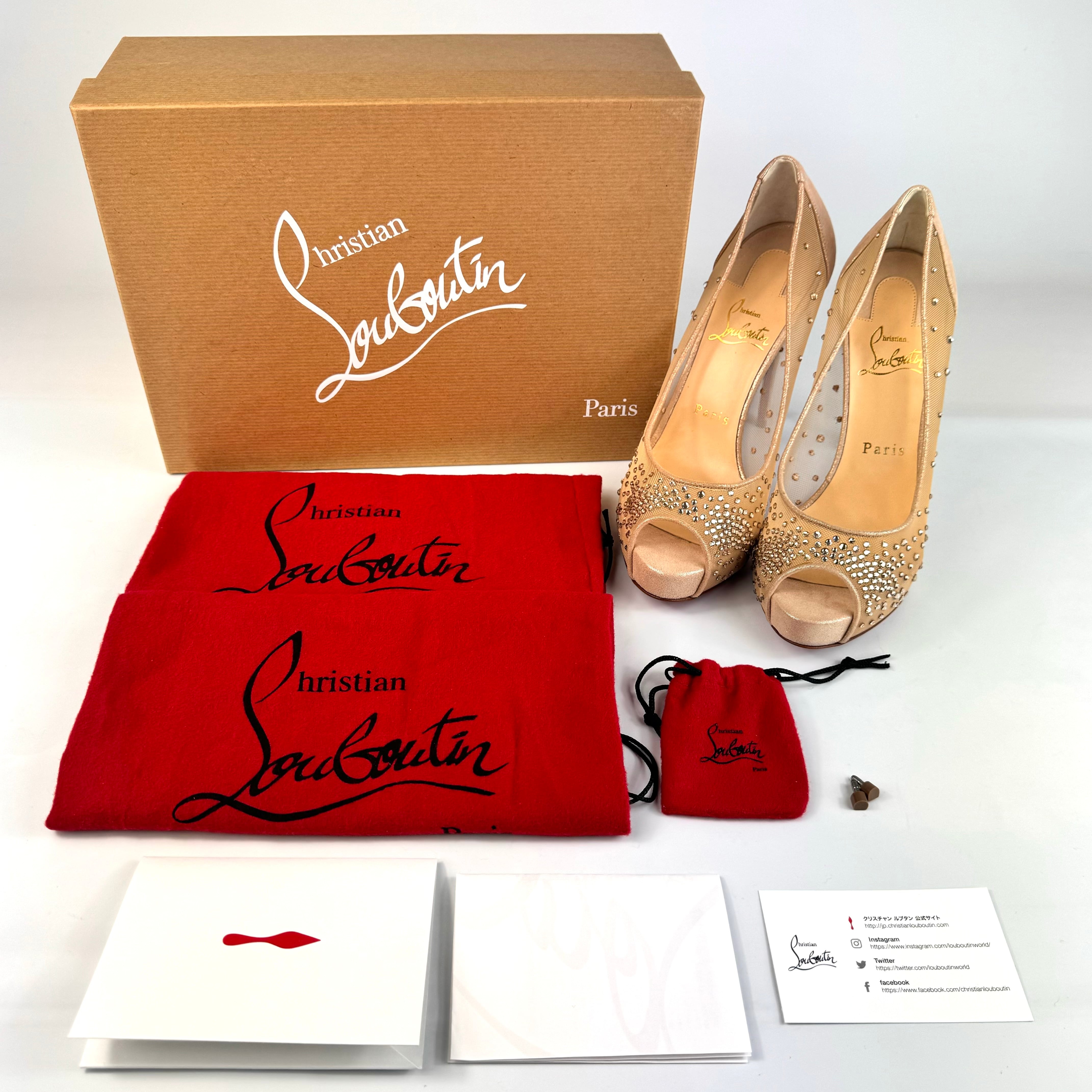 【未使用】クリスチャンルブタン　パンプス　メッシュ×スエード　オープントゥ　ベージュ　23.5cm