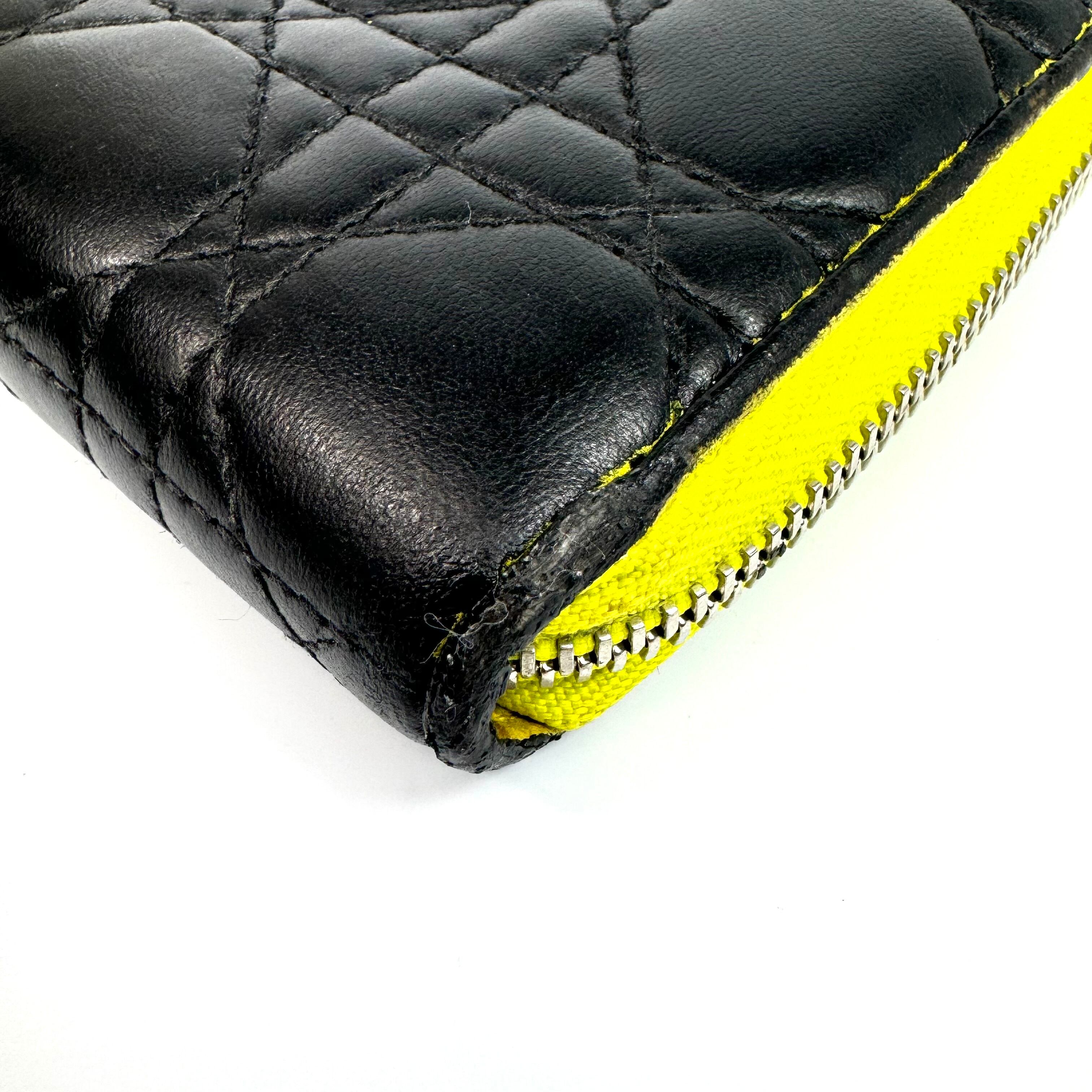 クリスチャンディオール　カナージュ　ロングウォレット　ラウンドジップ　レザー　黒　黄色　チャームなし