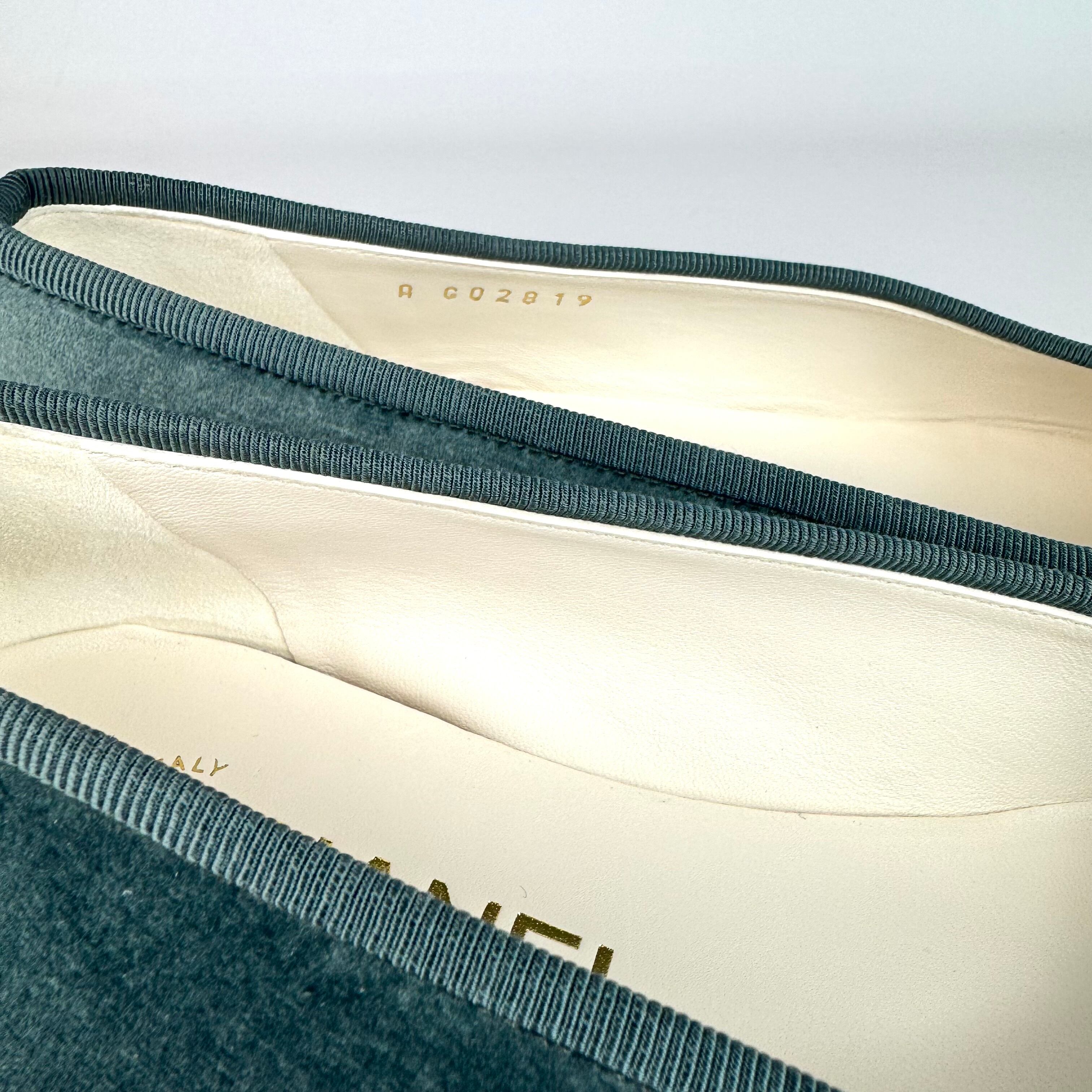 シャネル　CHANEL　リボンバレエシューズ　ココマーク　スエード　くすみブルー　23cm　351/2C