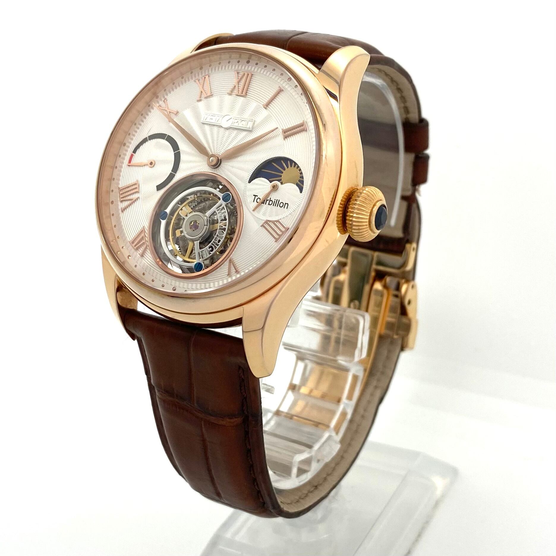 【希少】メモリジン　ナビゲーター　MO1001G　J-866　トゥールビヨン　手巻き　スケルトン　アイボリー　ゴールド　パワーリザーブ　革ベルト