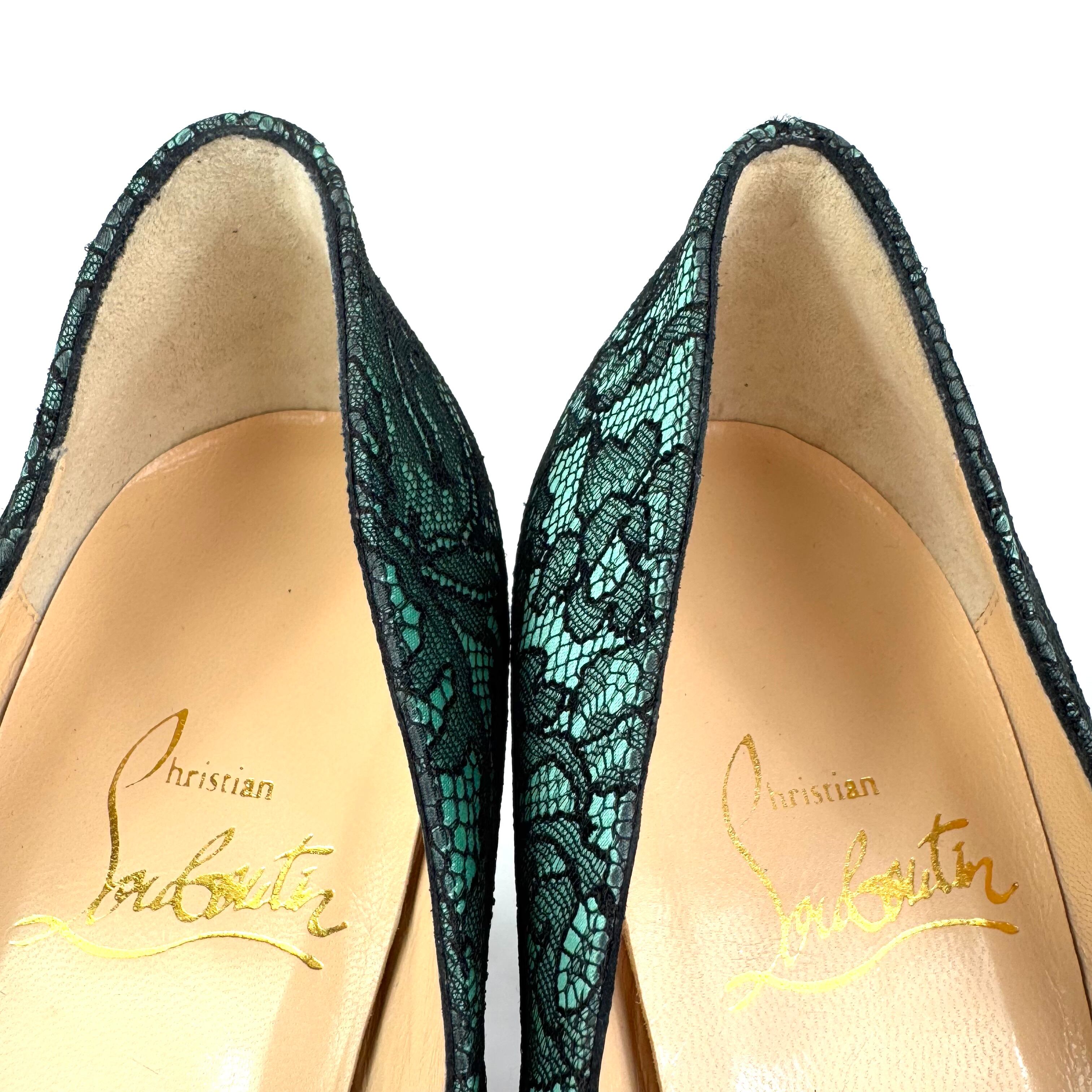 クリスチャンルブタン　Christian Louboutin　パンプス　フラワーレース　パーティー　グリーン　ブラック　37　日本サイズ約24cm