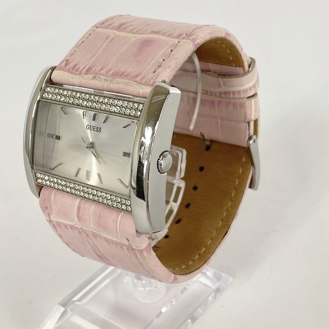 【美品】ゲス　クォーツ　シルバー　革ベルト　ラインストーン　スクエア