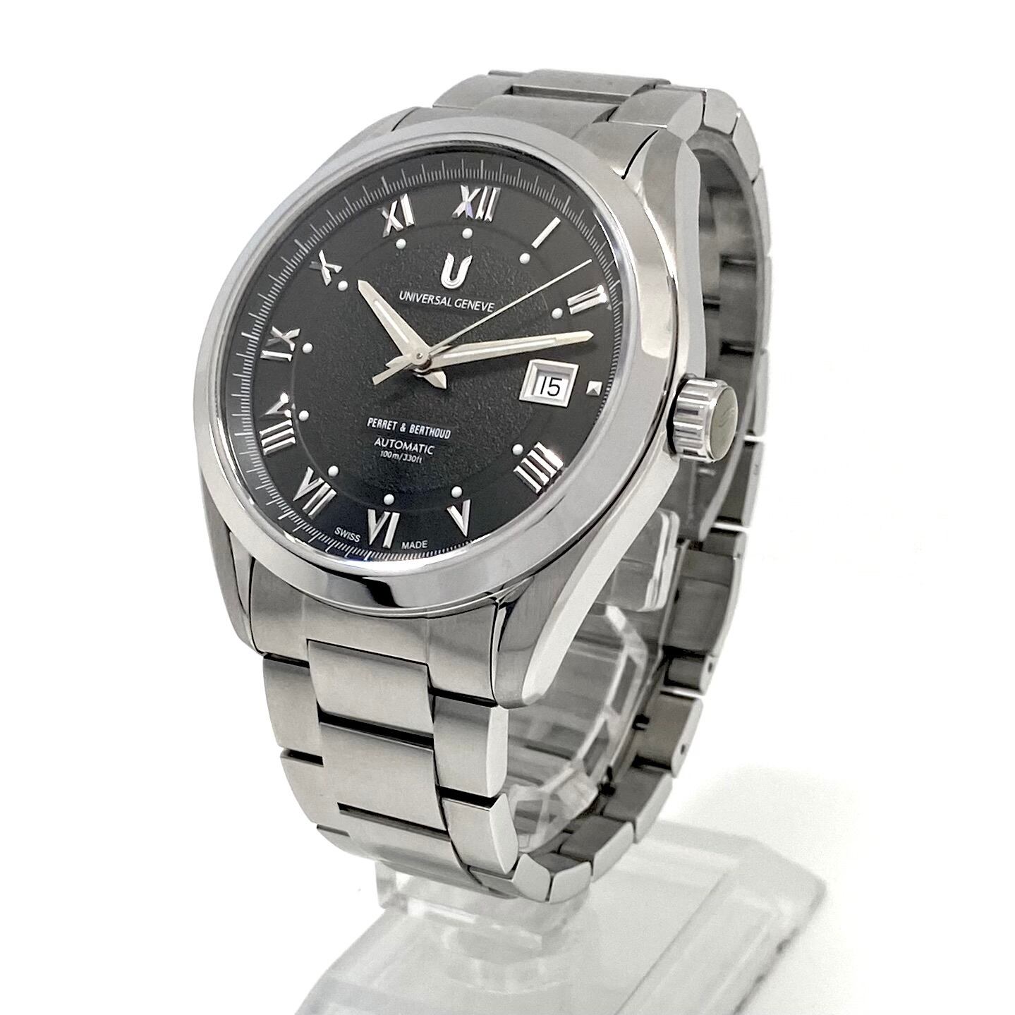 【美品・希少】中古 腕時計 メンズ ユニバーサルジュネーブ UNIVERSAL GENEVE 8102.105 自動巻 黒 デイト表示 裏スケ 10気圧防水