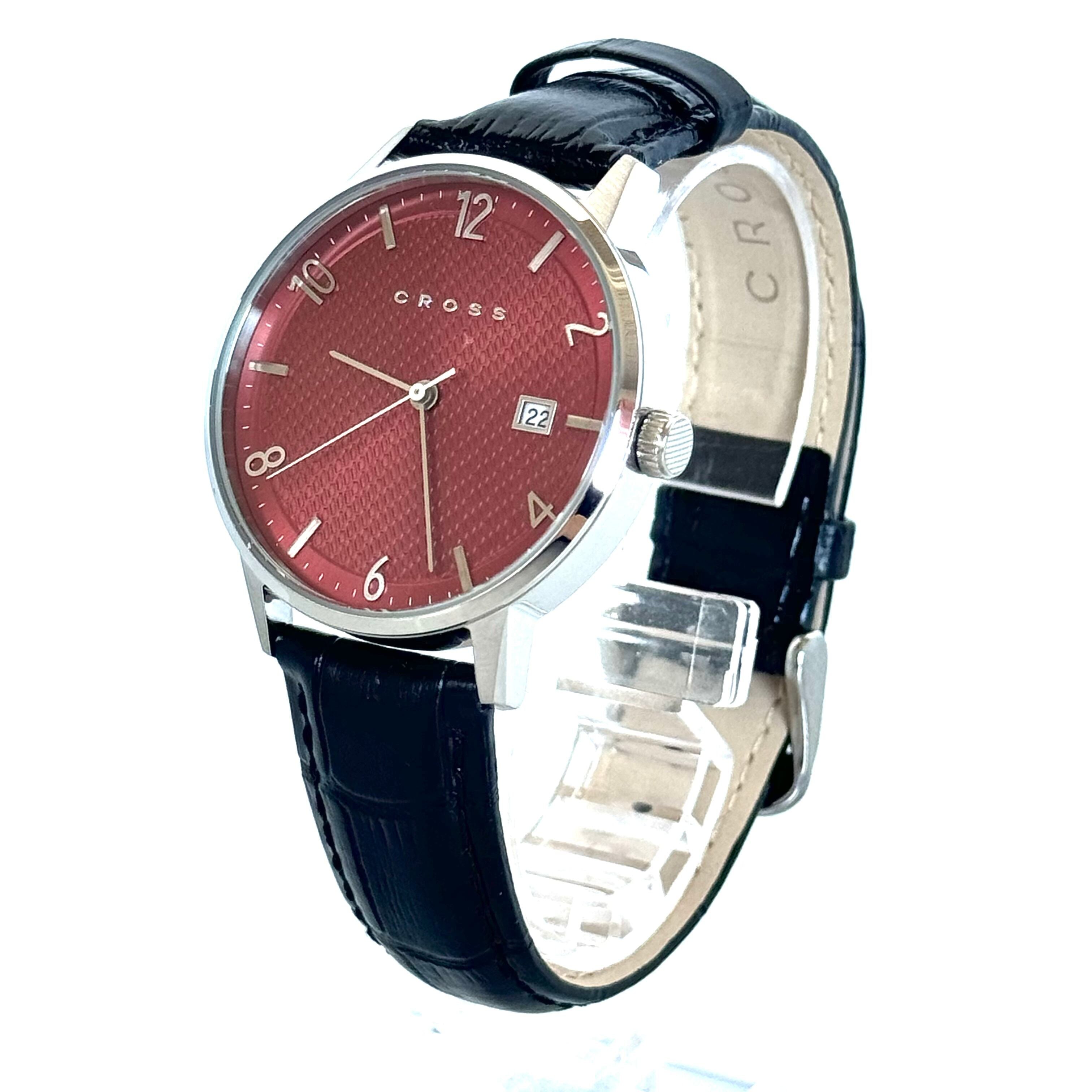 【美品・電池交換済】クロス　CROSS　CR9057−03　クォーツ　赤　デイト表示　革ベルト