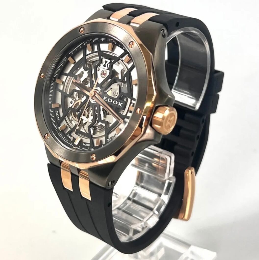 【美品】エドックス　EDOX　デルフィン　メカノ　85303　自動巻　スケルトン　ラバーベルト