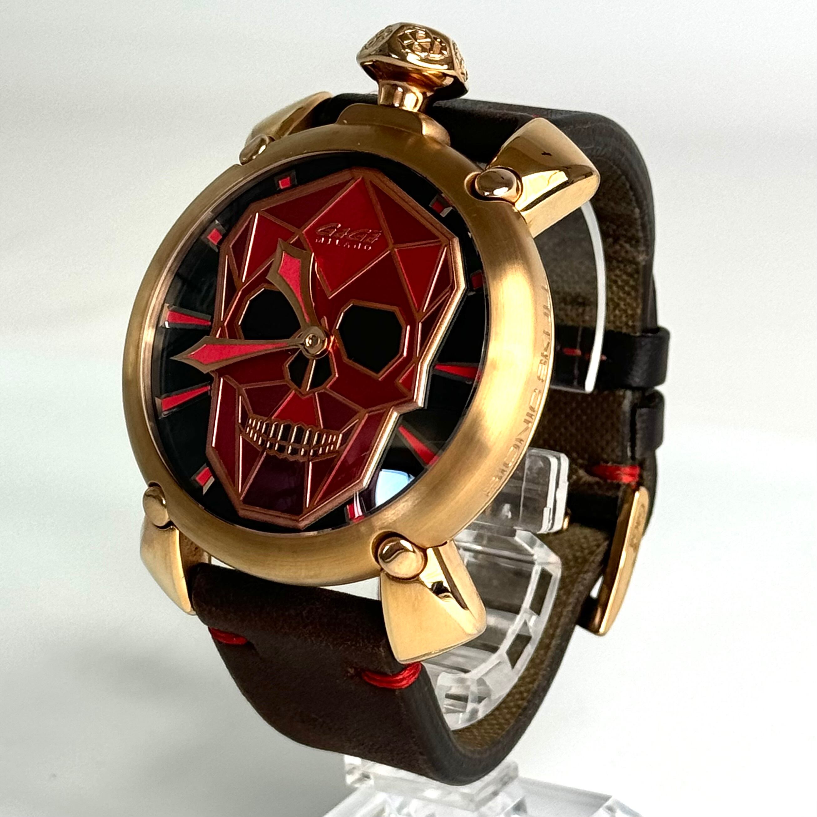 【希少品】ガガミラノ　GaGa MILANO　マニュアーレ48　BIONIC SKULL　5061.03S　手巻き　裏スケ　革ベルト　マルチカラー　世界500本限定モデル