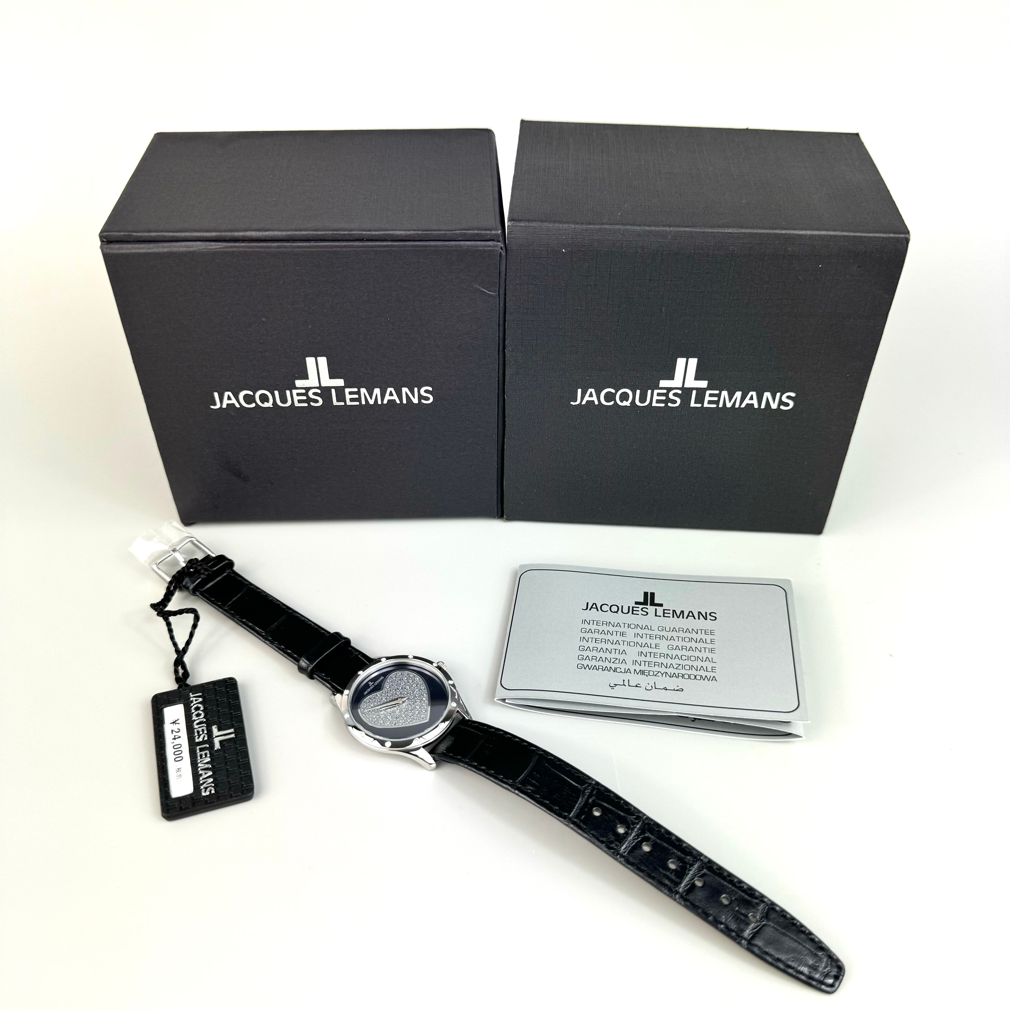 【未使用・電池交換済み】ジャックルマン　JACQUES LEMANS　JAL1-1803A　クォーツ　スワロフスキー　ハート　黒　革ベルト