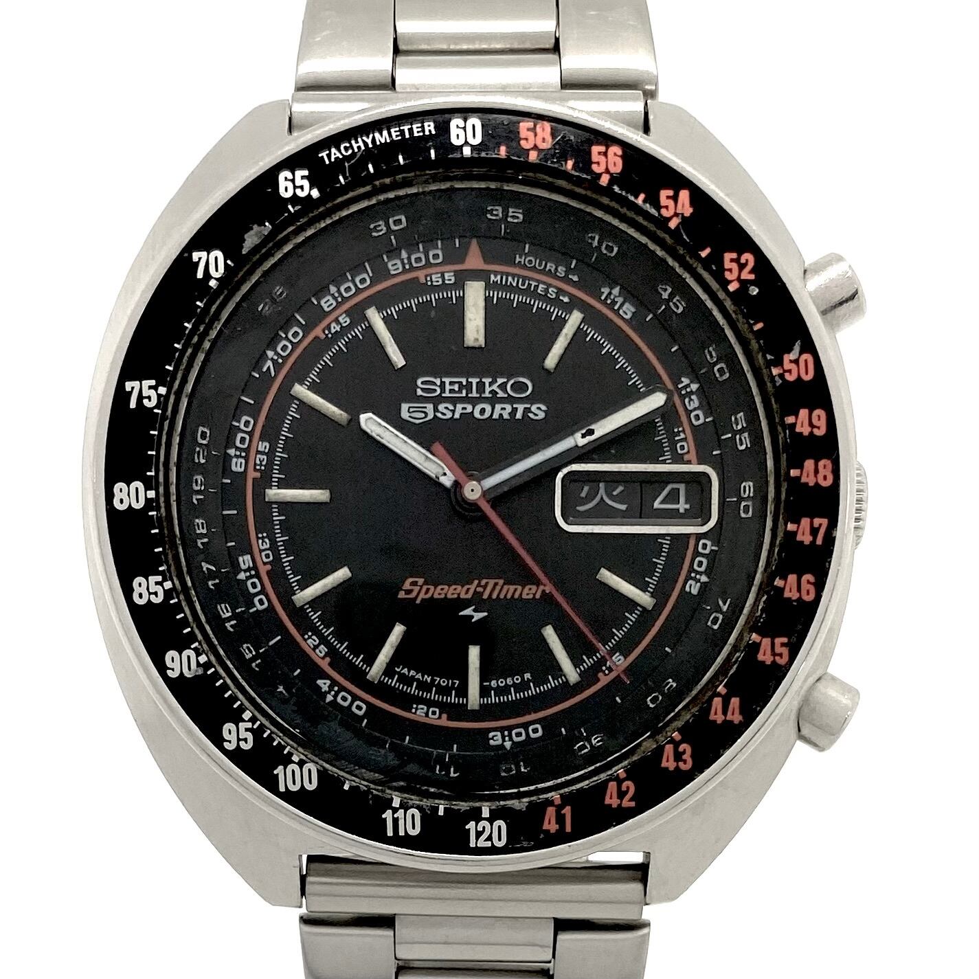 【希少】腕時計 メンズ セイコー 5スポーツ スピードタイマー ラリーメーター 7017-6050 自動巻 黒 デイデイト表示（日本語・英語） クロノグラフ 1971年製 ヴィンテージ 社外ベルト