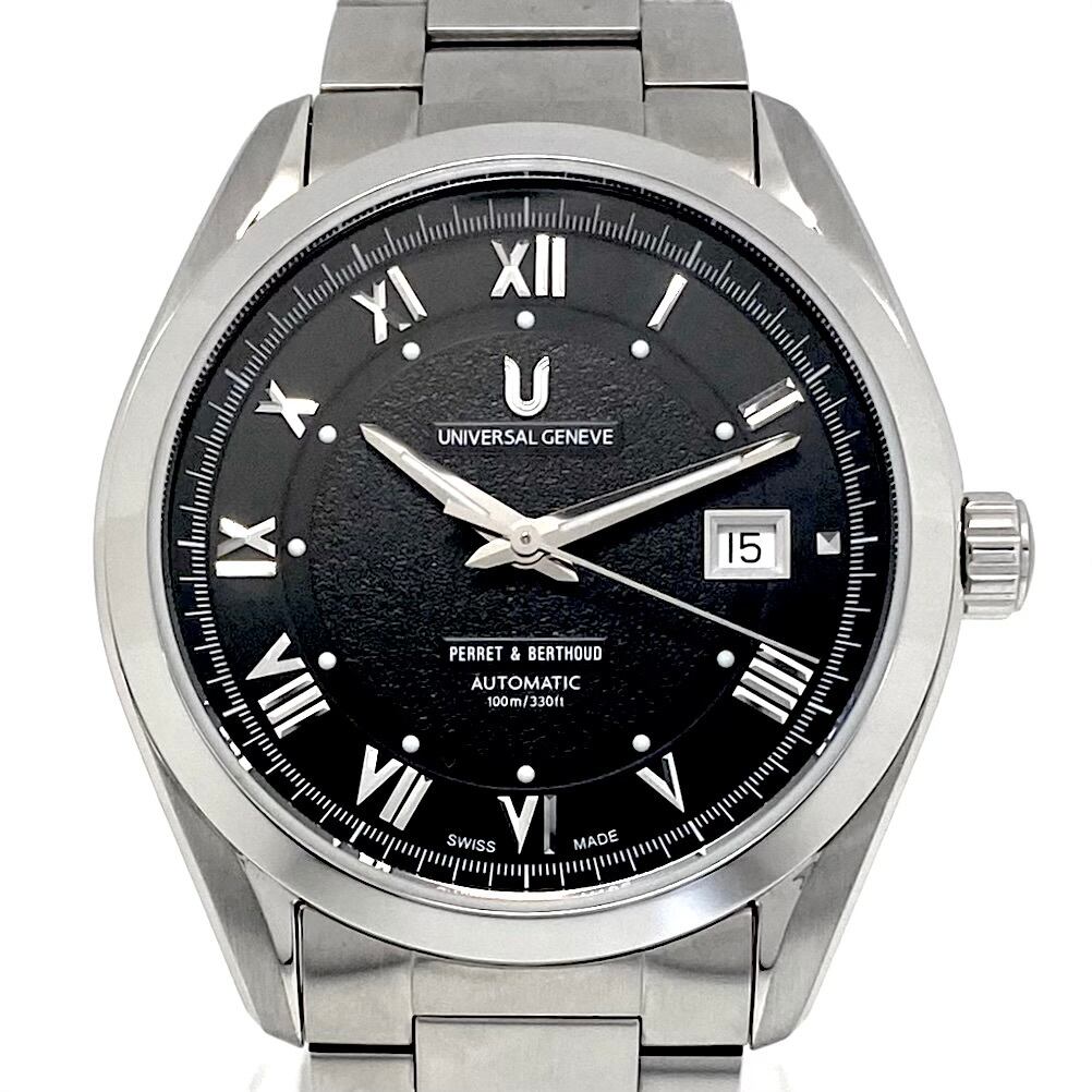 【美品・希少】中古 腕時計 メンズ ユニバーサルジュネーブ UNIVERSAL GENEVE 8102.105 自動巻 黒 デイト表示 裏スケ 10気圧防水