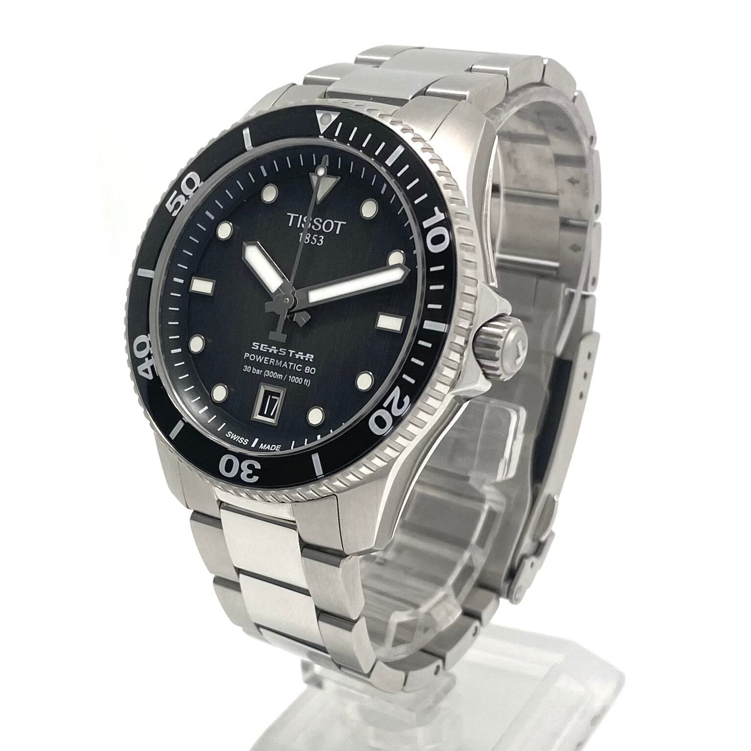 【美品】中古 腕時計 メンズ ティソ TISSOT シースター1000 パワーマティック80 T120807A 自動巻 黒 デイト表示 裏スケ 30気圧防水