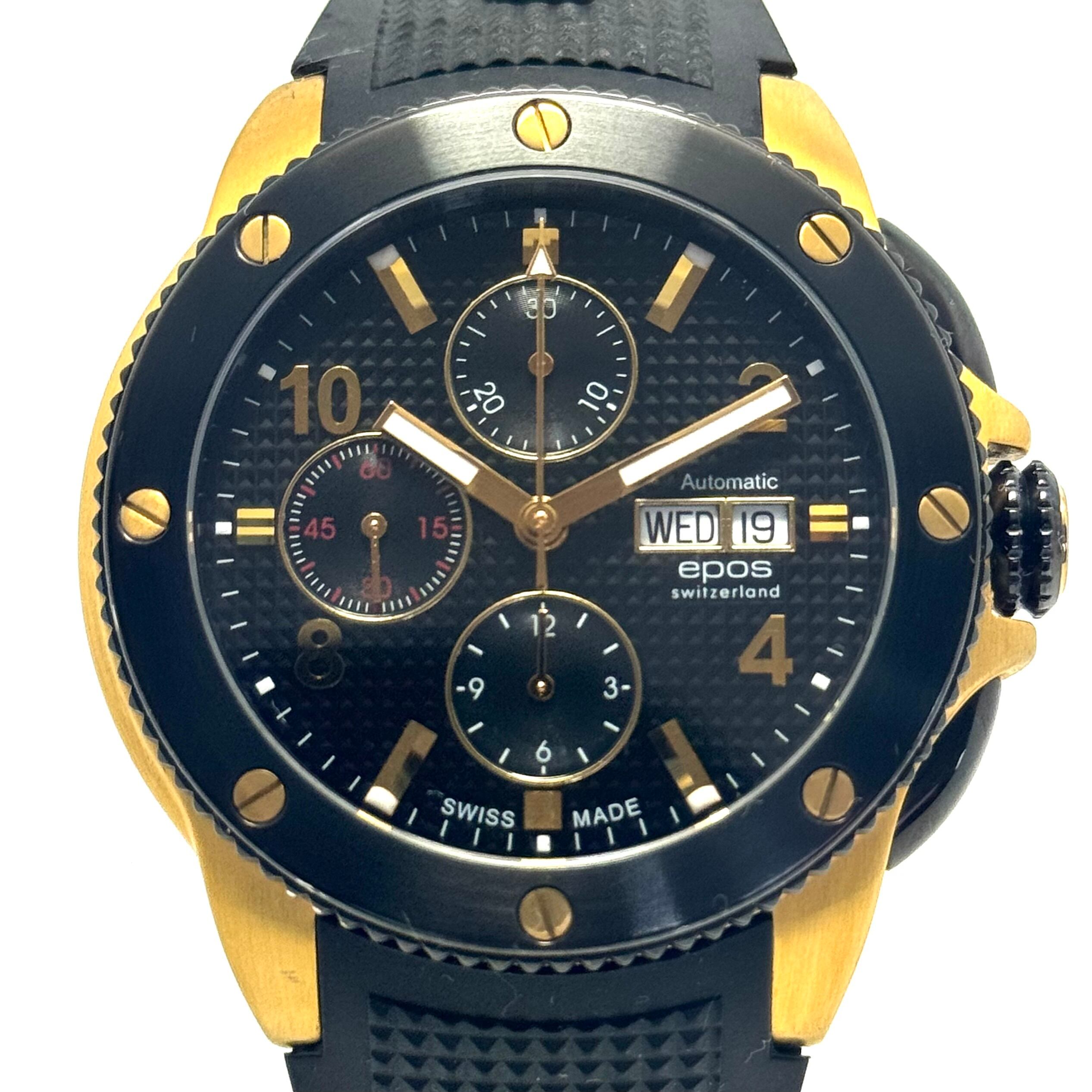 【美品・希少】エポス　EPOS　3388GPBBKR　自動巻　クロノグラフ　黒　デイデイト表示　裏スケ　樹脂ベルト